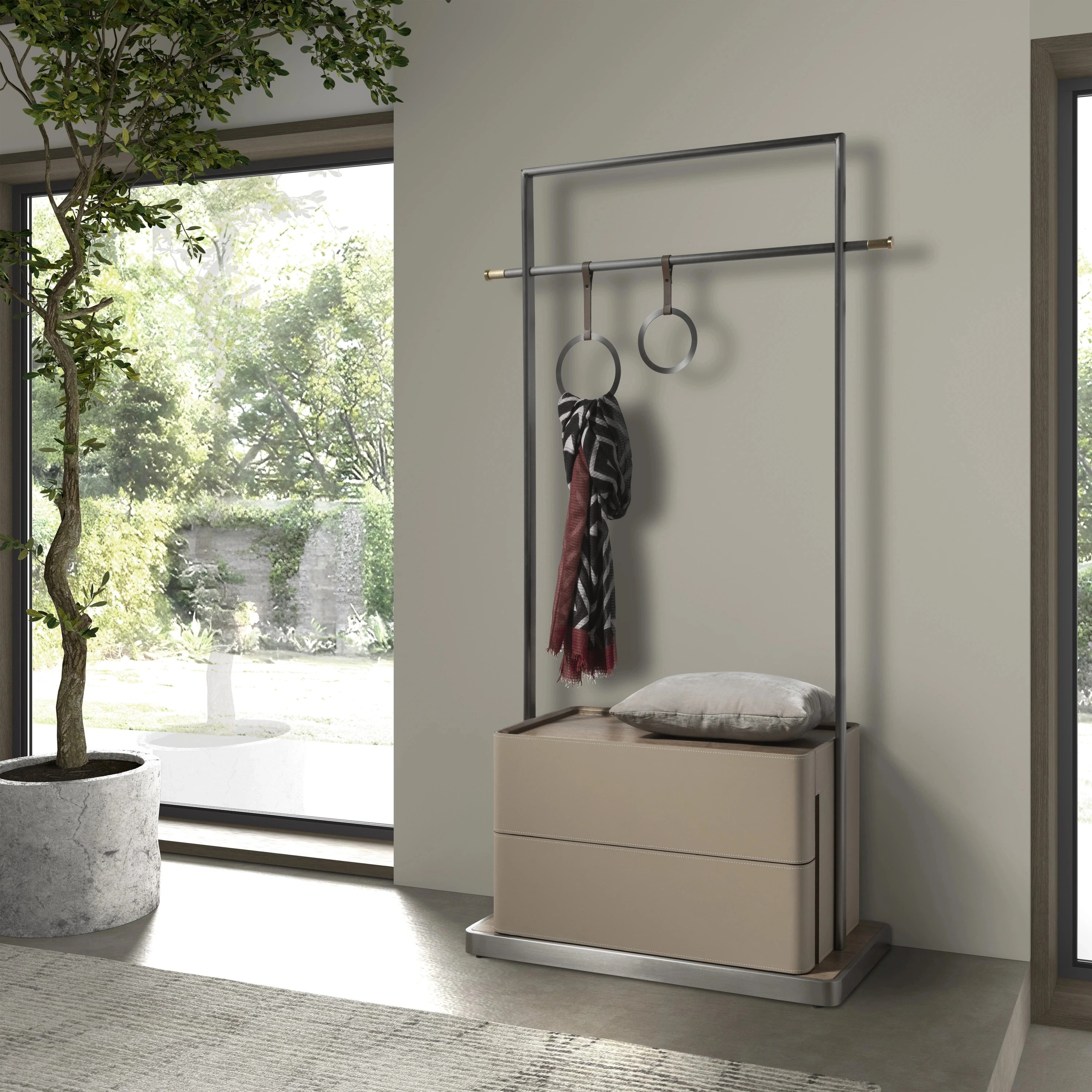 Porte-manteau en similicuir vison, noyer et acier inoxydable