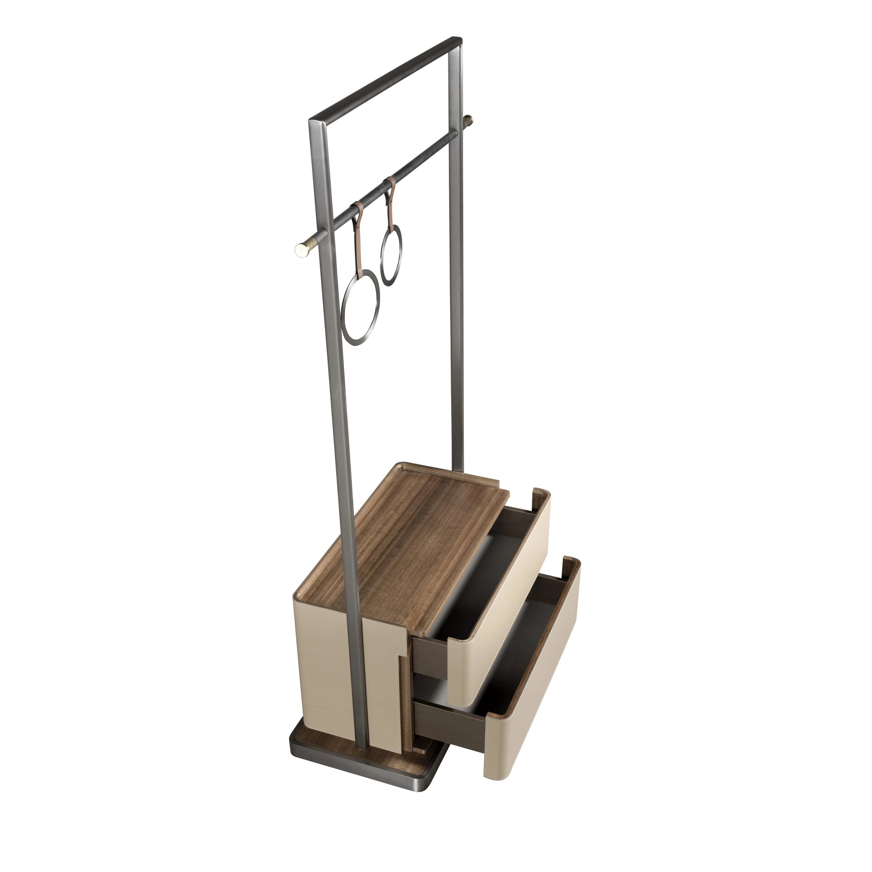 Porte-manteau en similicuir vison, noyer et acier inoxydable