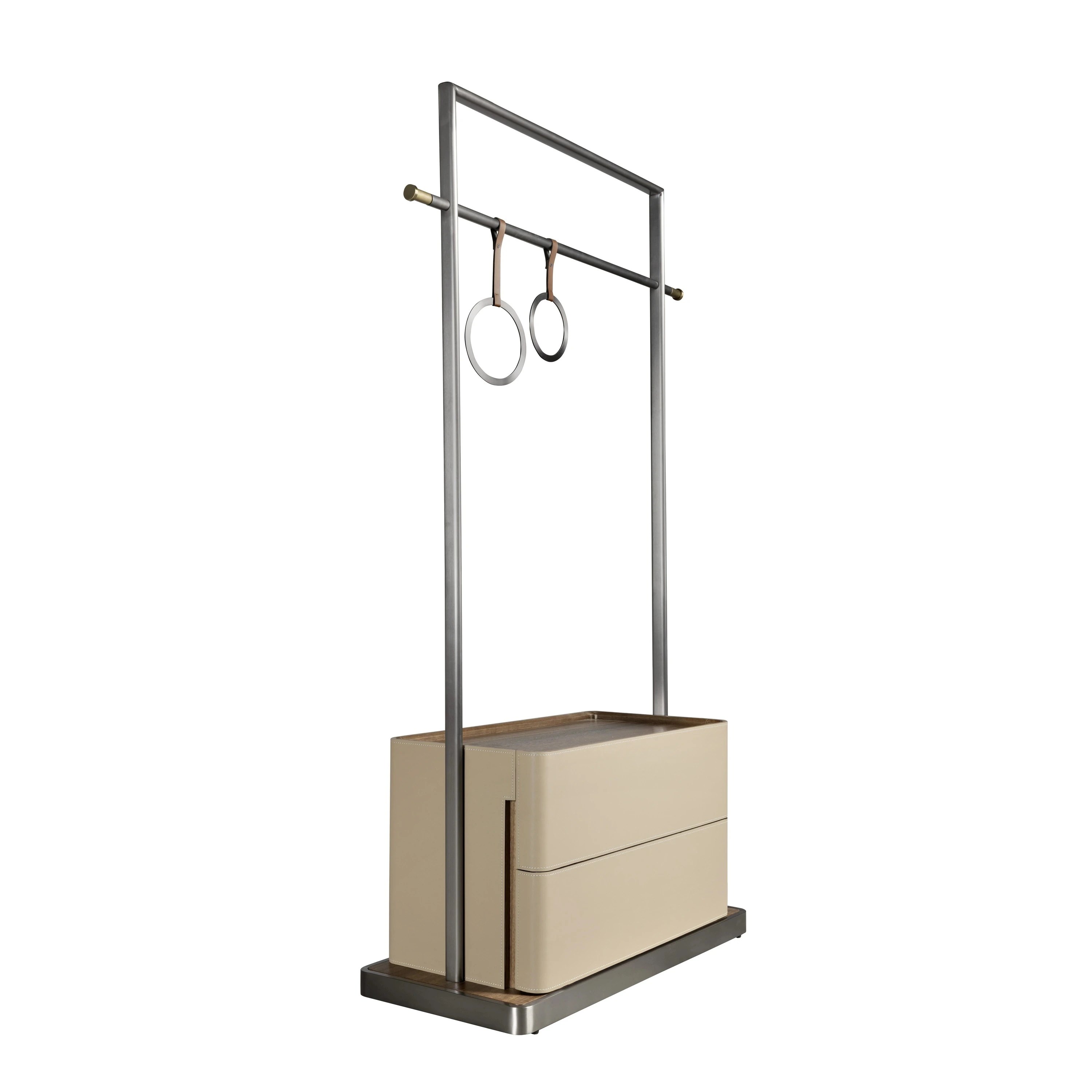 Porte-manteau en similicuir vison, noyer et acier inoxydable