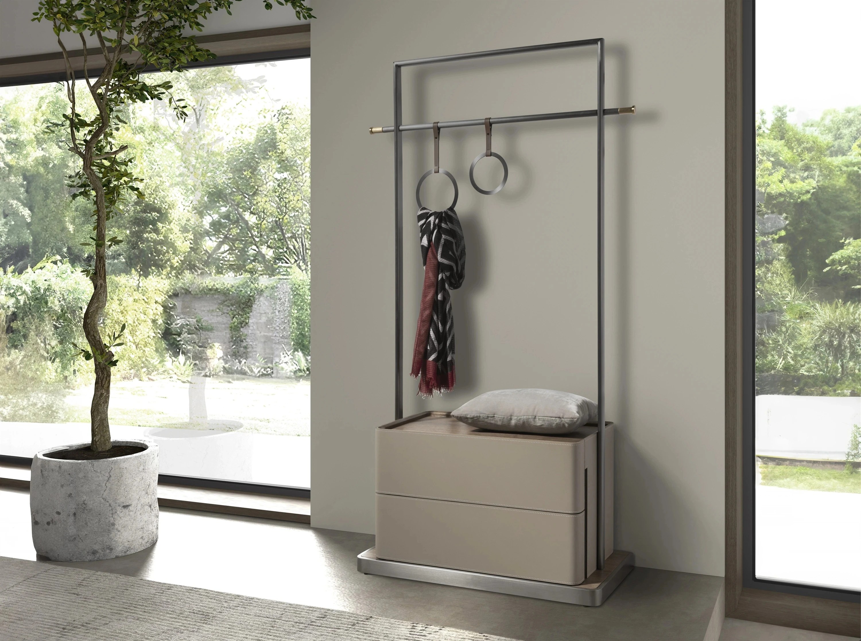 Porte-manteau en similicuir vison, noyer et acier inoxydable