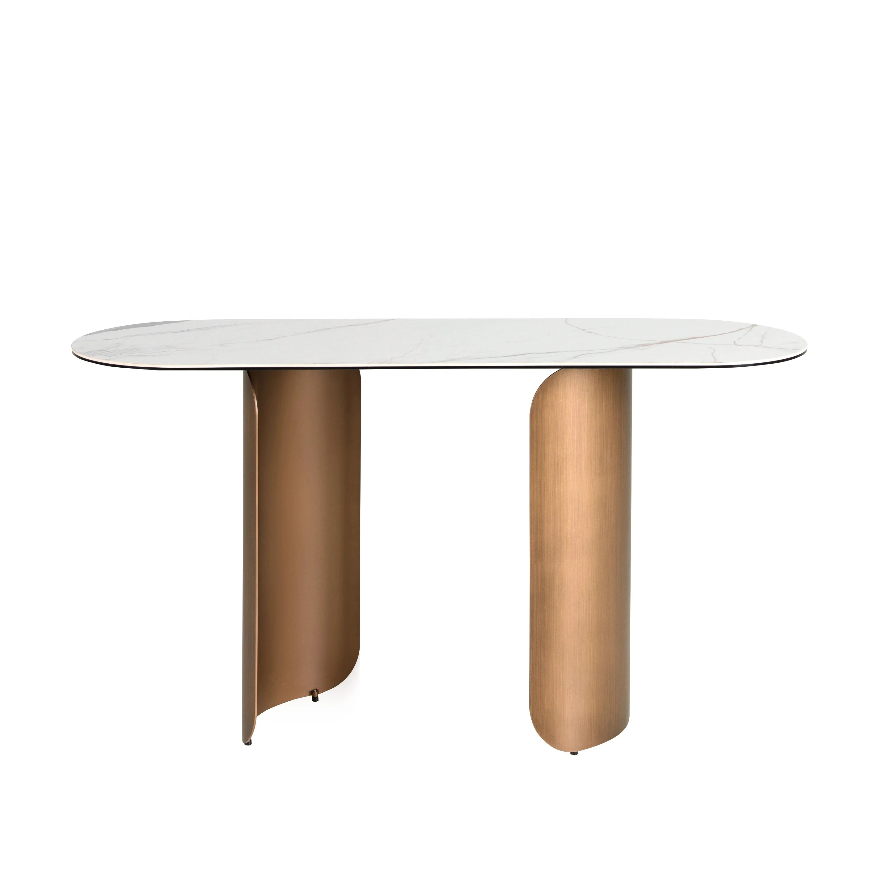 Console ovale en demi-cercle en marbre porcelainé et acier couleur bronze