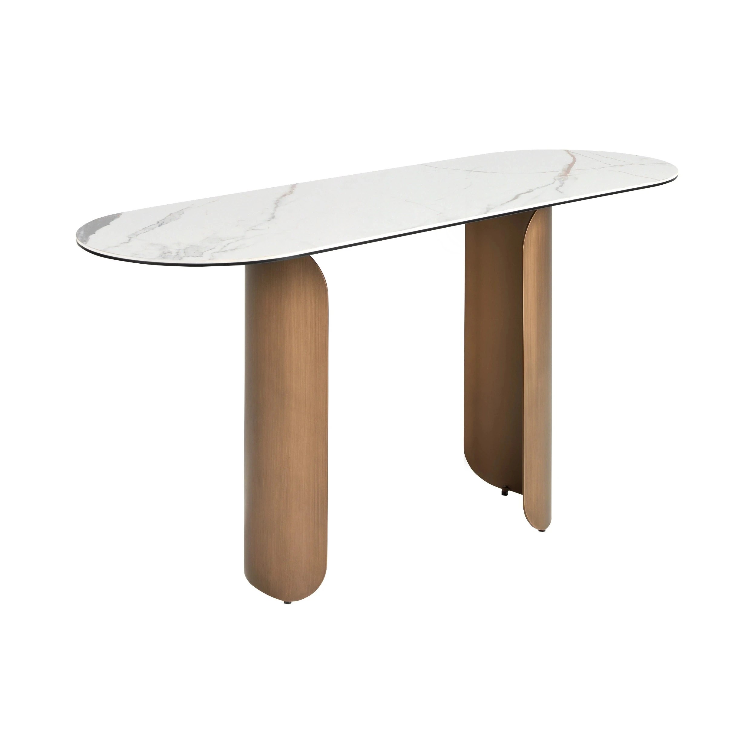 Console ovale en demi-cercle en marbre porcelainé et acier couleur bronze