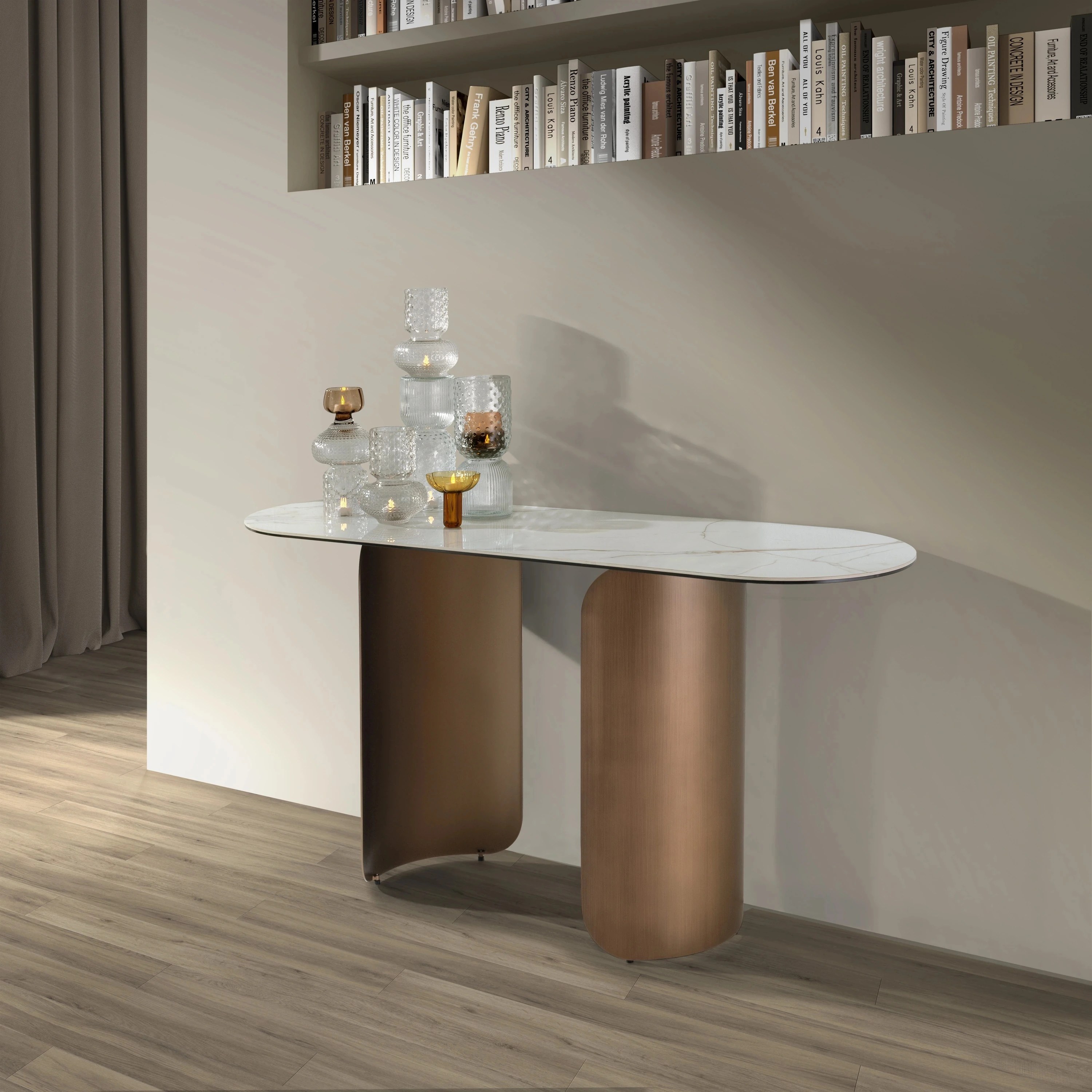 Console ovale en demi-cercle en marbre porcelainé et acier couleur bronze
