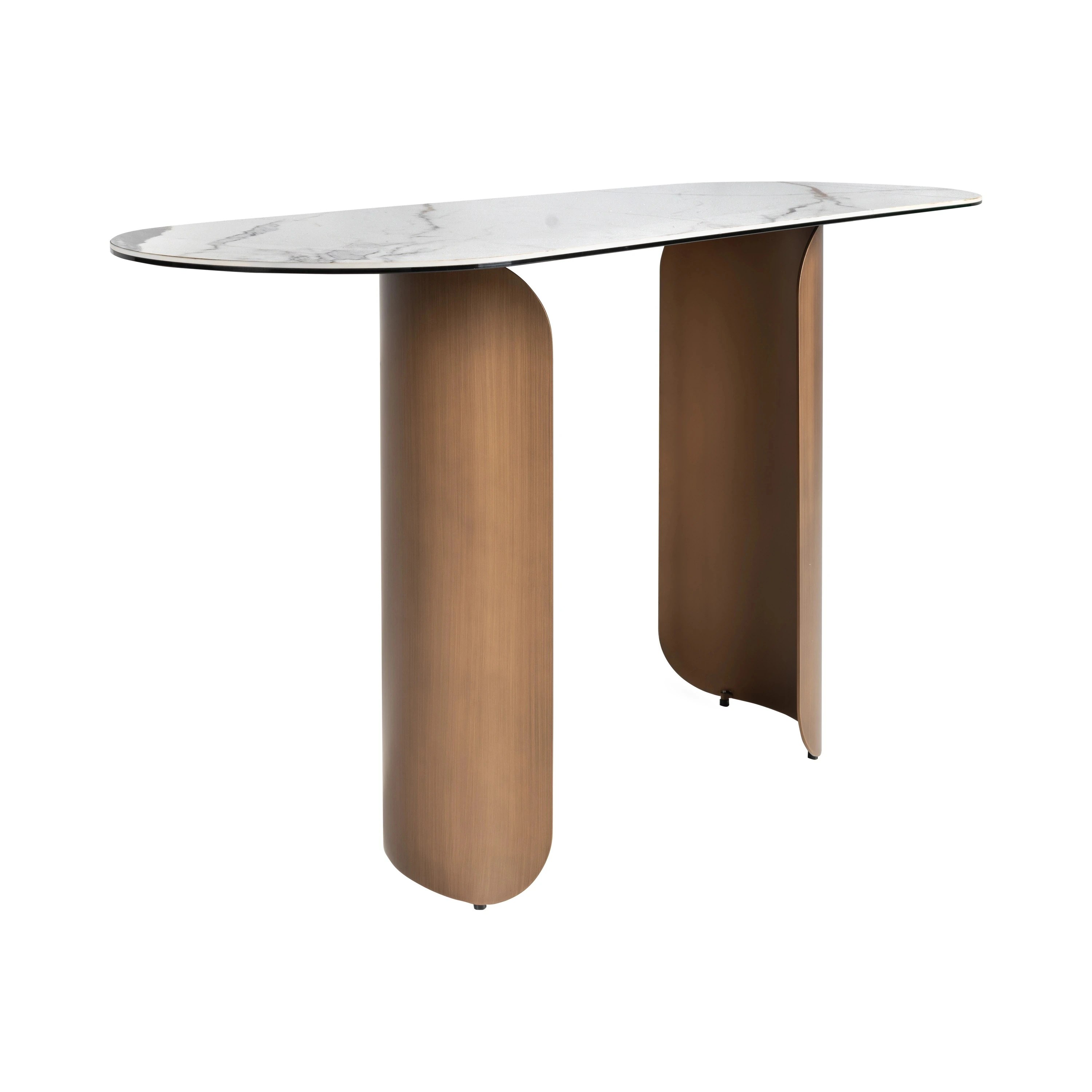 Console ovale en demi-cercle en marbre porcelainé et acier couleur bronze