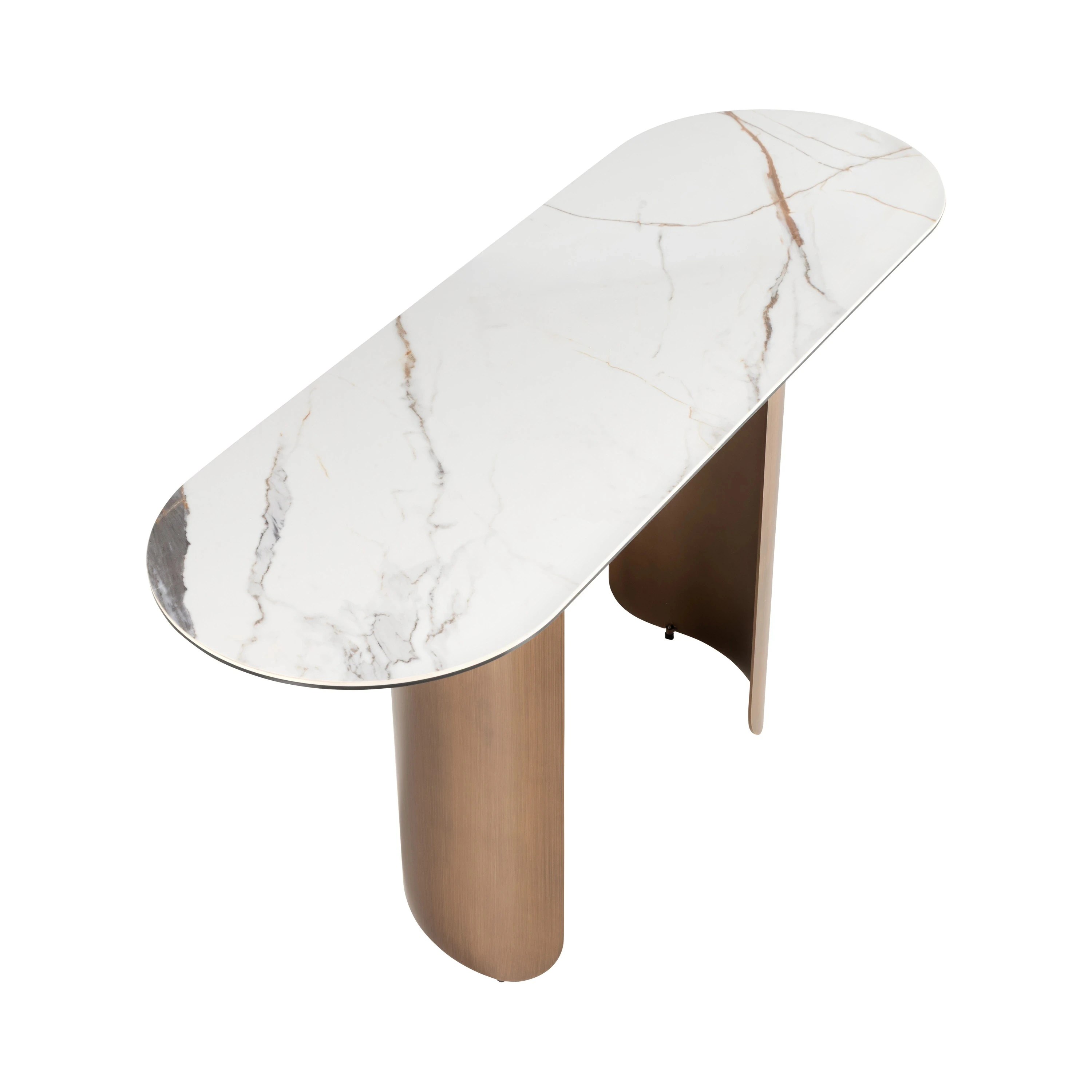 Console ovale en demi-cercle en marbre porcelainé et acier couleur bronze