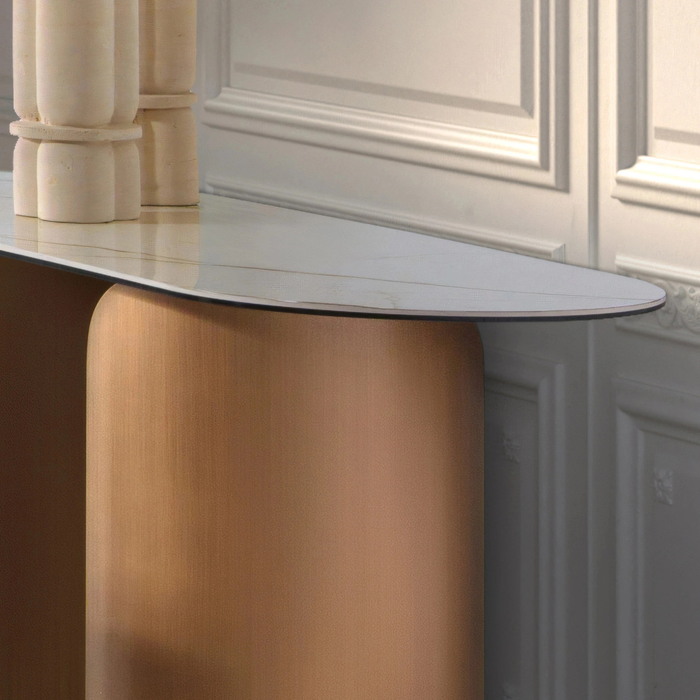 Console ovale en demi-cercle en marbre porcelainé et acier couleur bronze