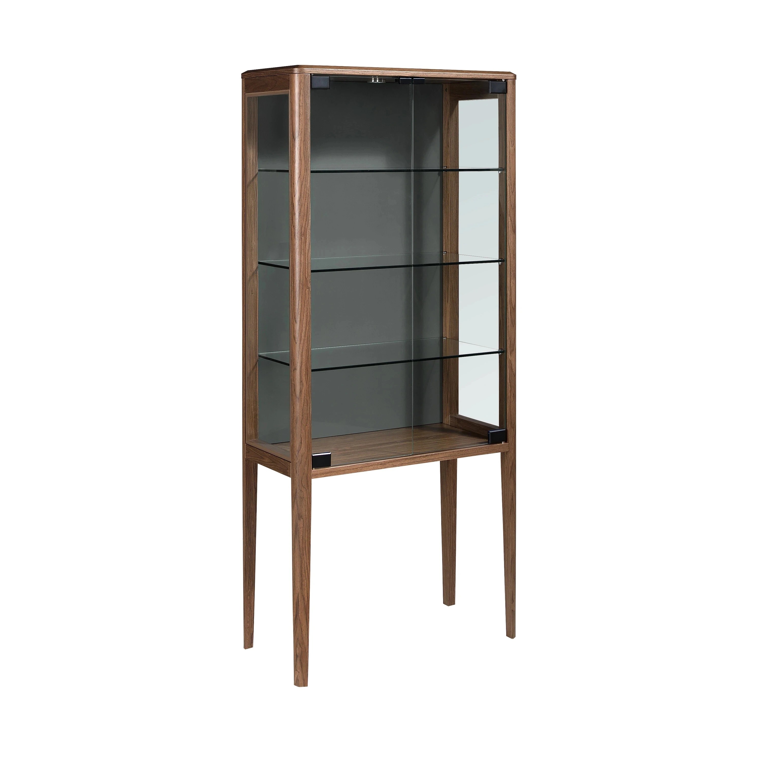 Buffet haut en verre trempé et noyer avec éclairage intérieur