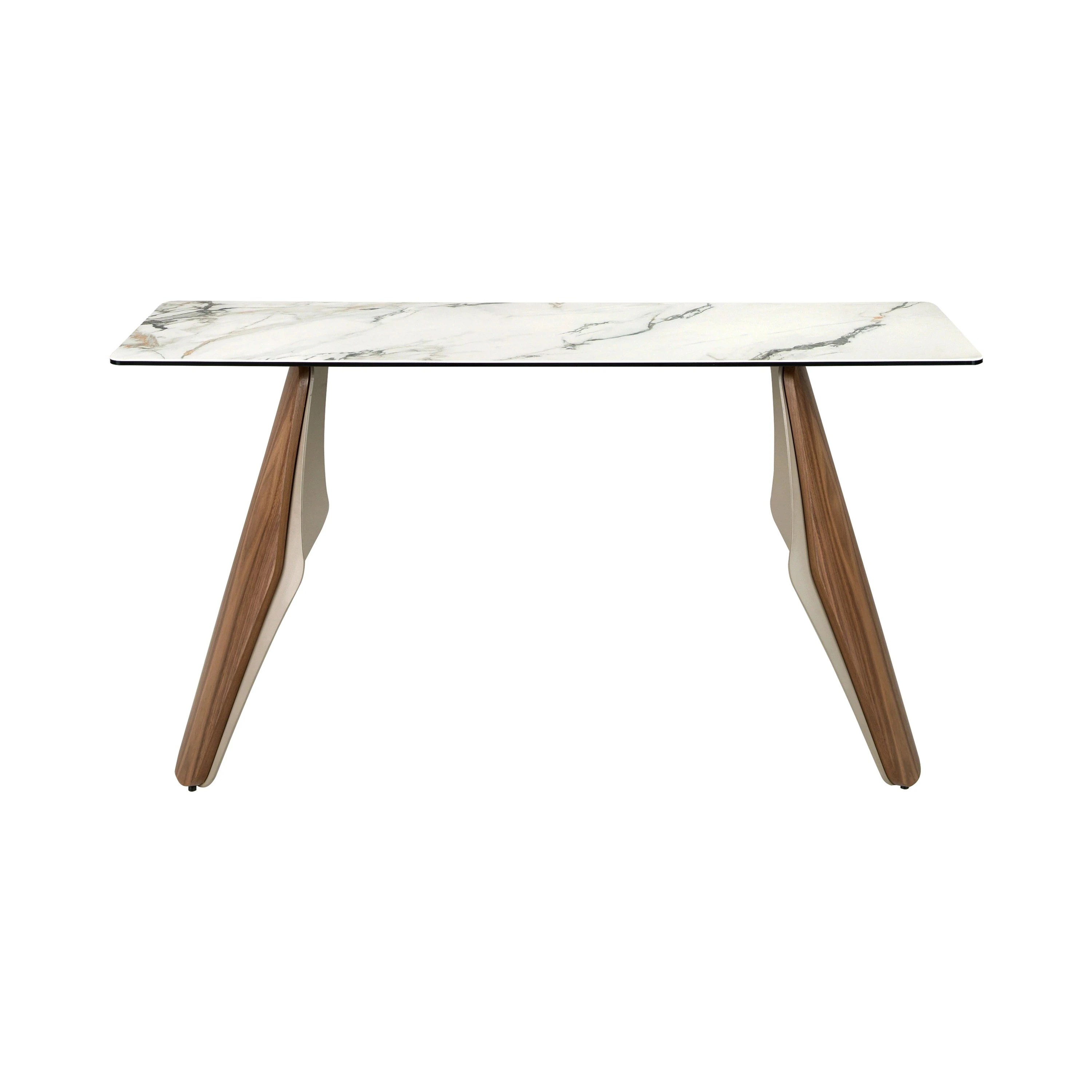 Console rectangulaire en marbre porcelainé, acier sable métallisé et noyer