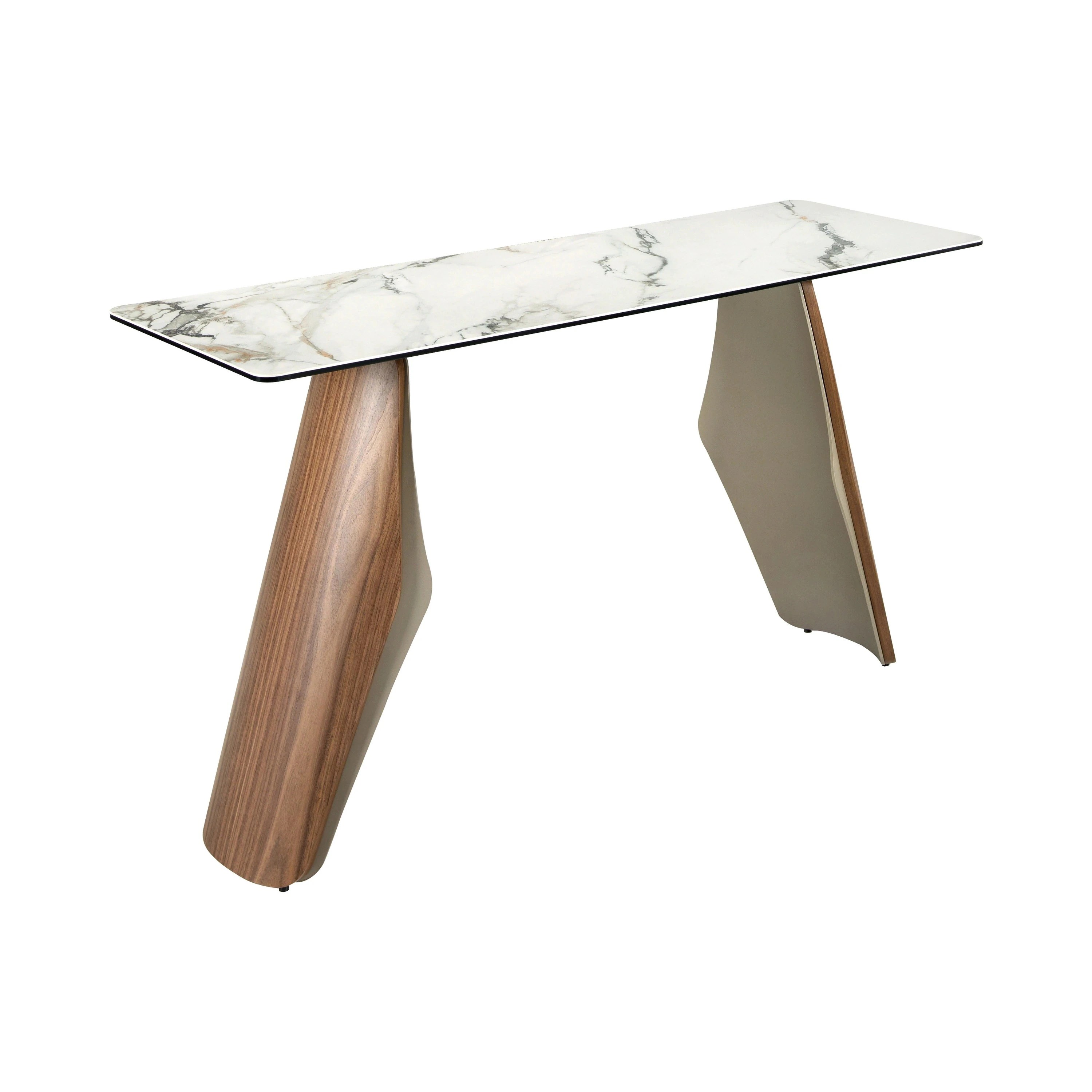 Console rectangulaire en marbre porcelainé, acier sable métallisé et noyer