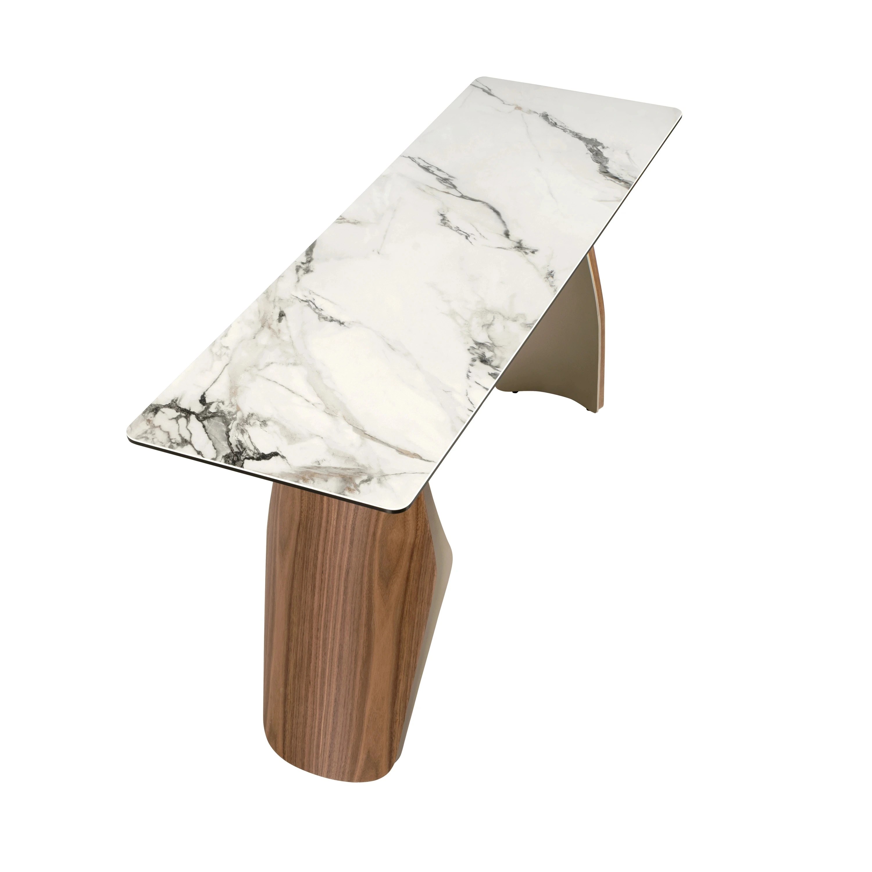 Console rectangulaire en marbre porcelainé, acier sable métallisé et noyer