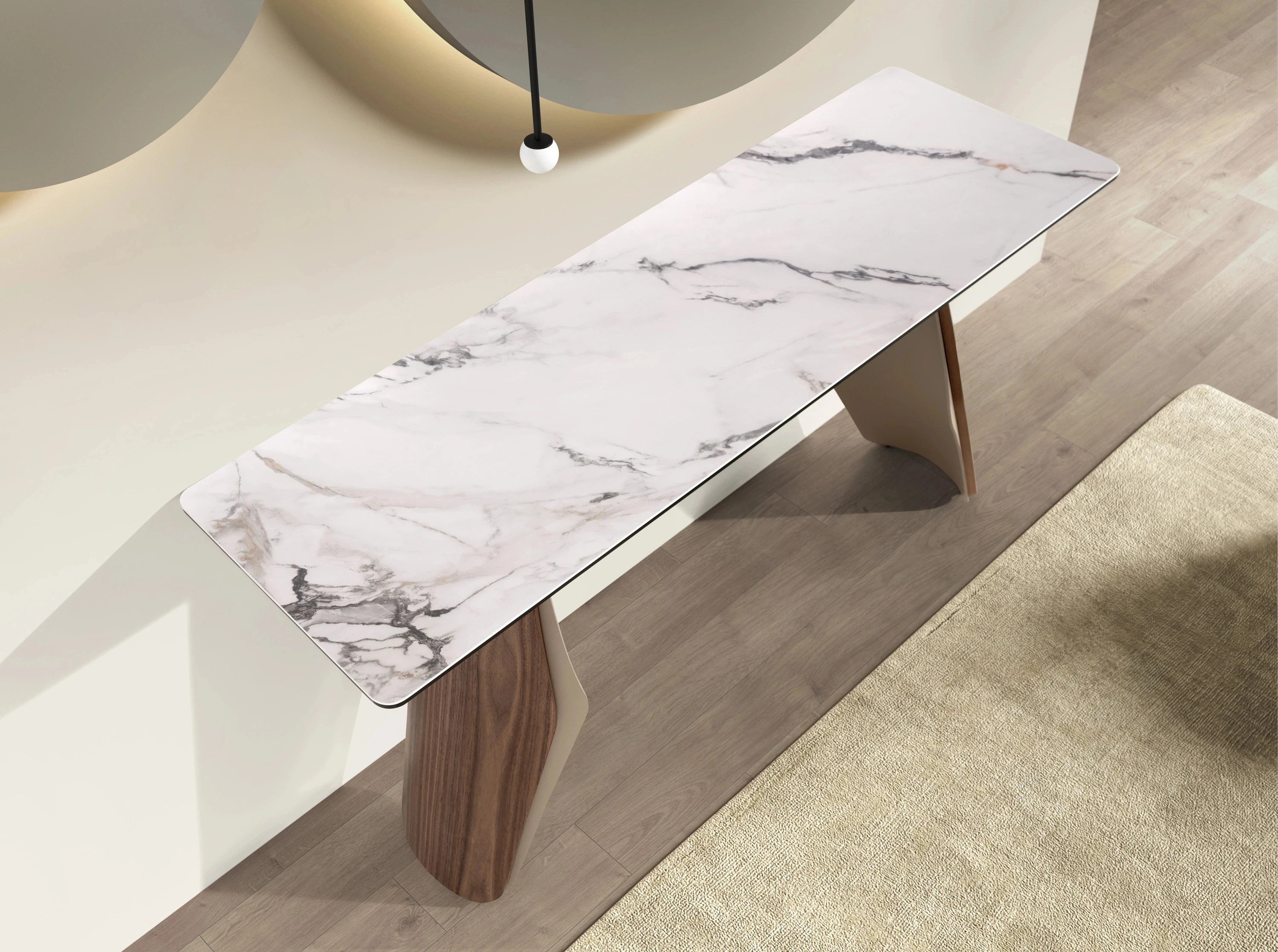 Console rectangulaire en marbre porcelainé, acier sable métallisé et noyer