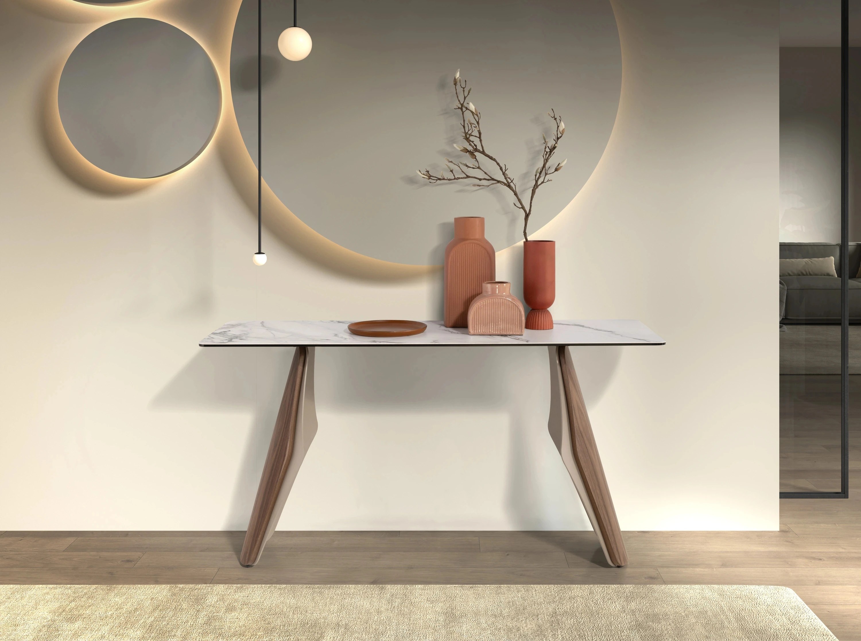 Console rectangulaire en marbre porcelainé, acier sable métallisé et noyer