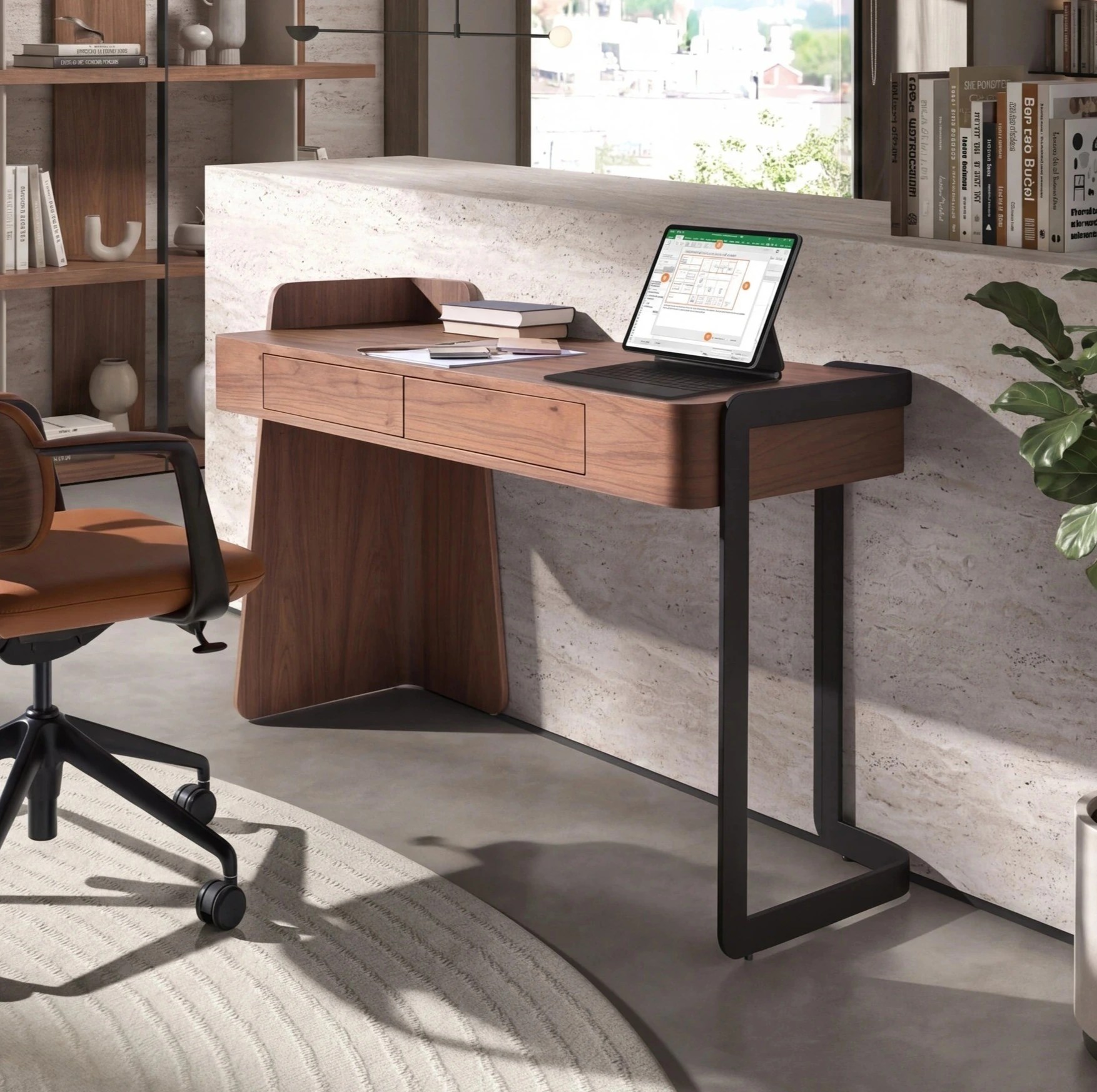 Bureau en noyer et acier époxy noir