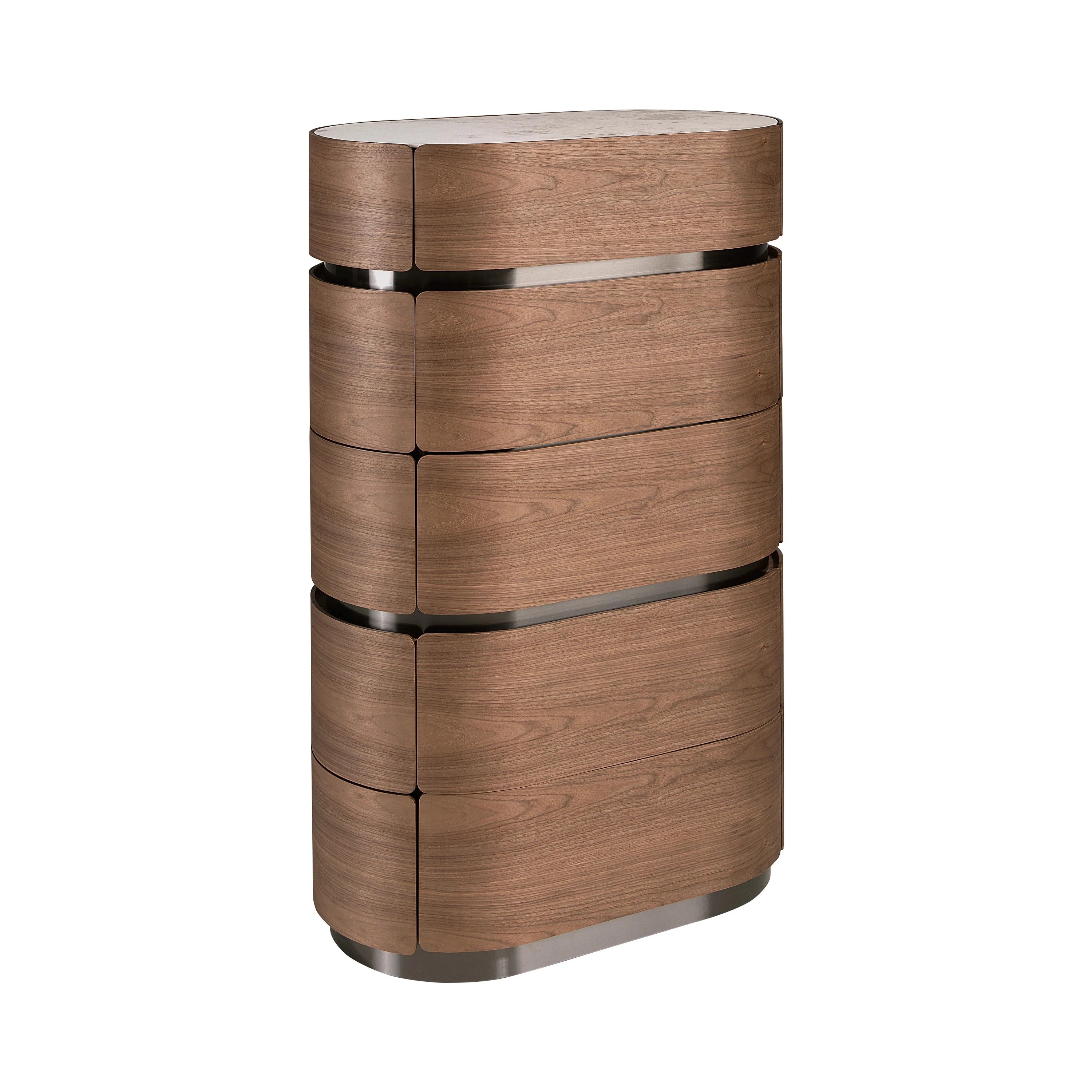 Chiffonnier en noyer avec base en acier foncé et plateau en marbre céramique