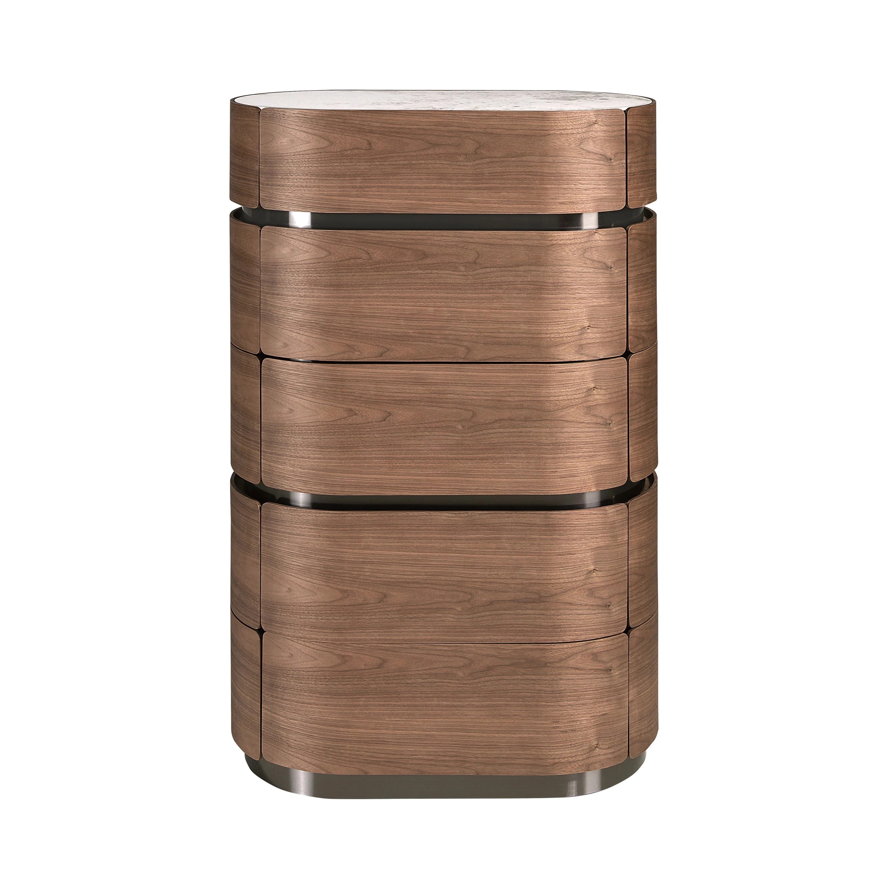 Chiffonnier en noyer avec base en acier foncé et plateau en marbre céramique