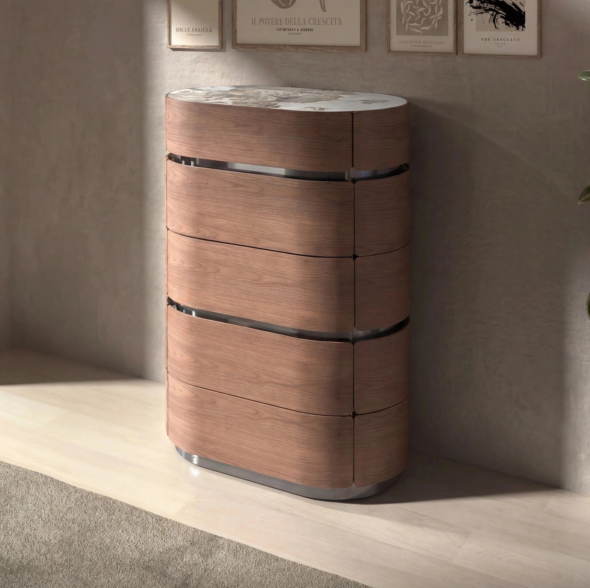 Chiffonnier en noyer avec base en acier foncé et plateau en marbre céramique