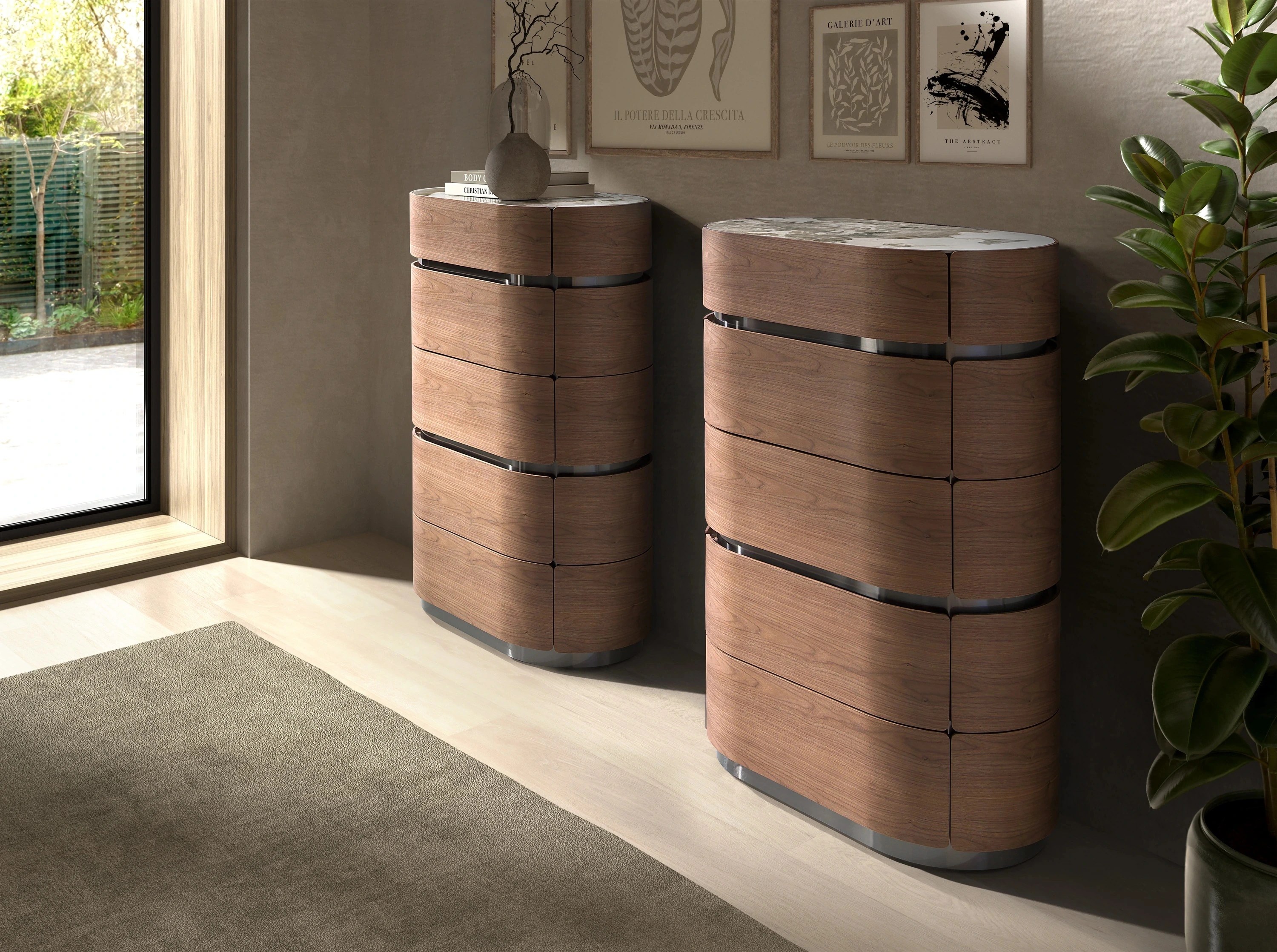 Chiffonnier en noyer avec base en acier foncé et plateau en marbre céramique