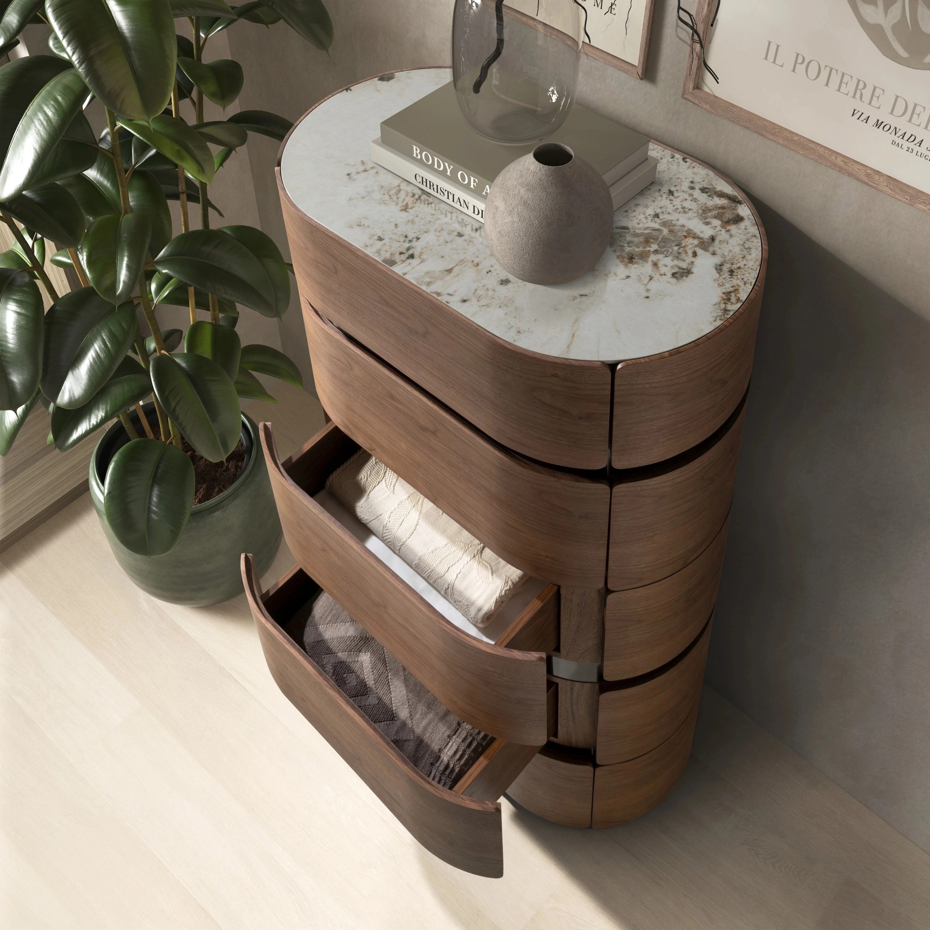 Chiffonnier en noyer avec base en acier foncé et plateau en marbre céramique