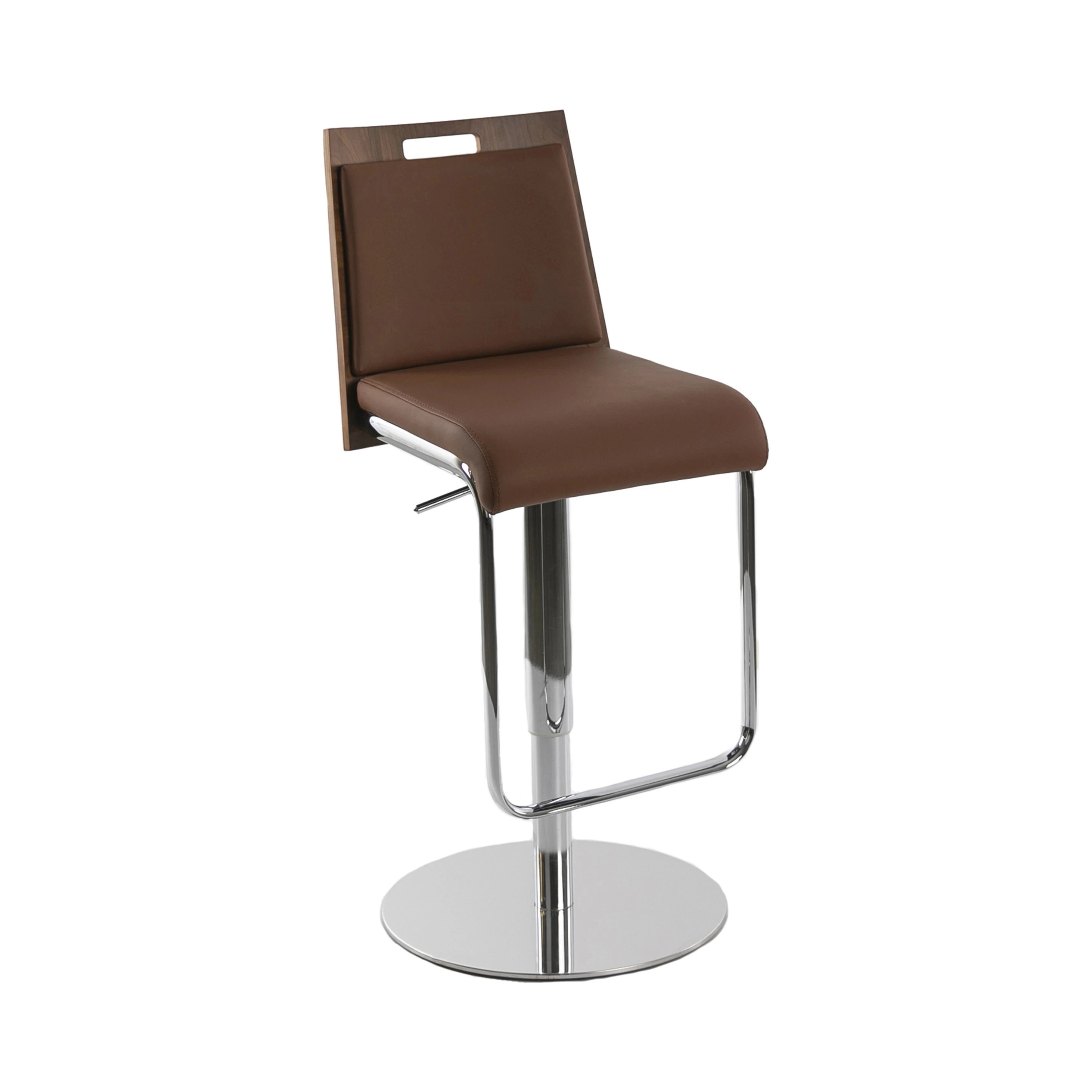 Tabouret pivotant en similicuir marron et noyer