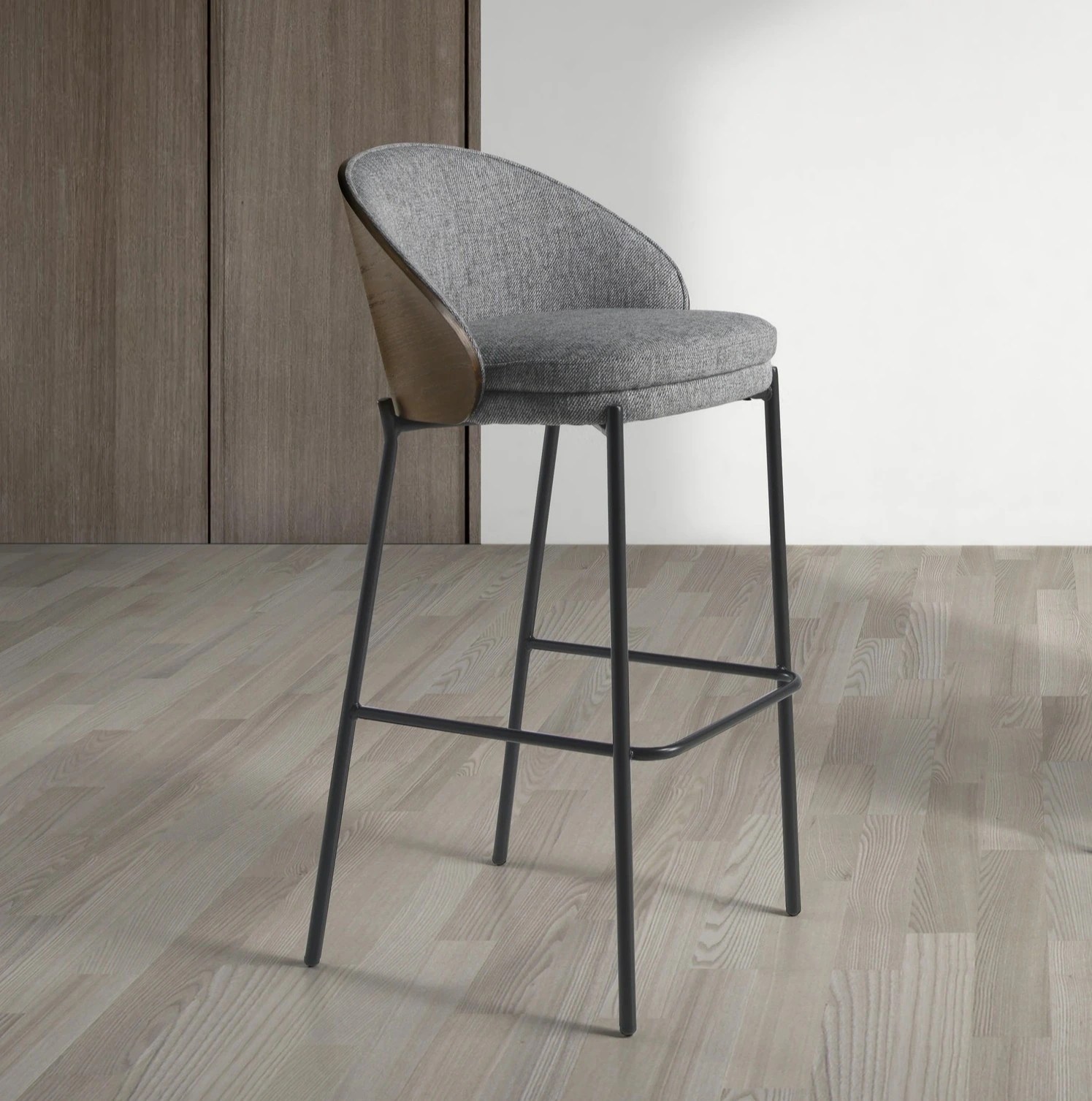 Tabouret en tissu gris et noyer