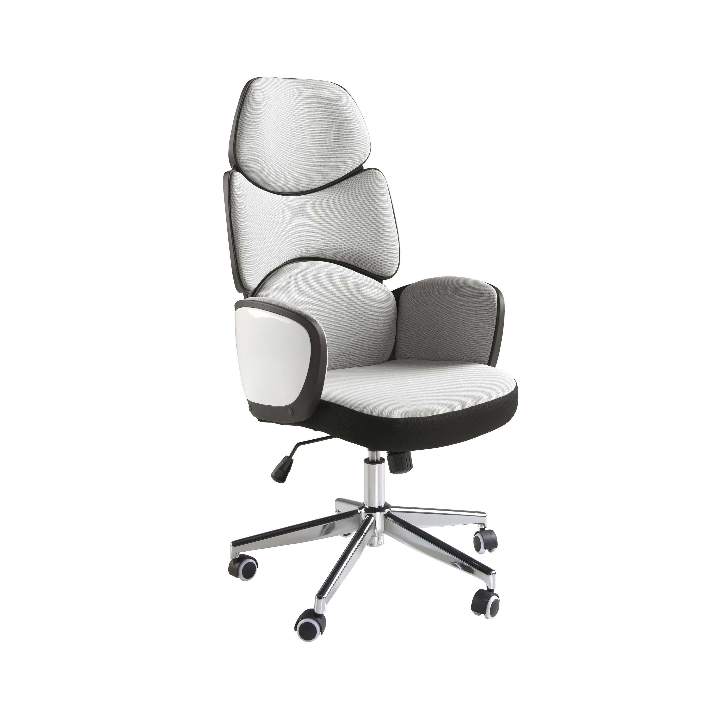 Fauteuil de bureau pivotant tissu gris clair et pvc blanc brillant