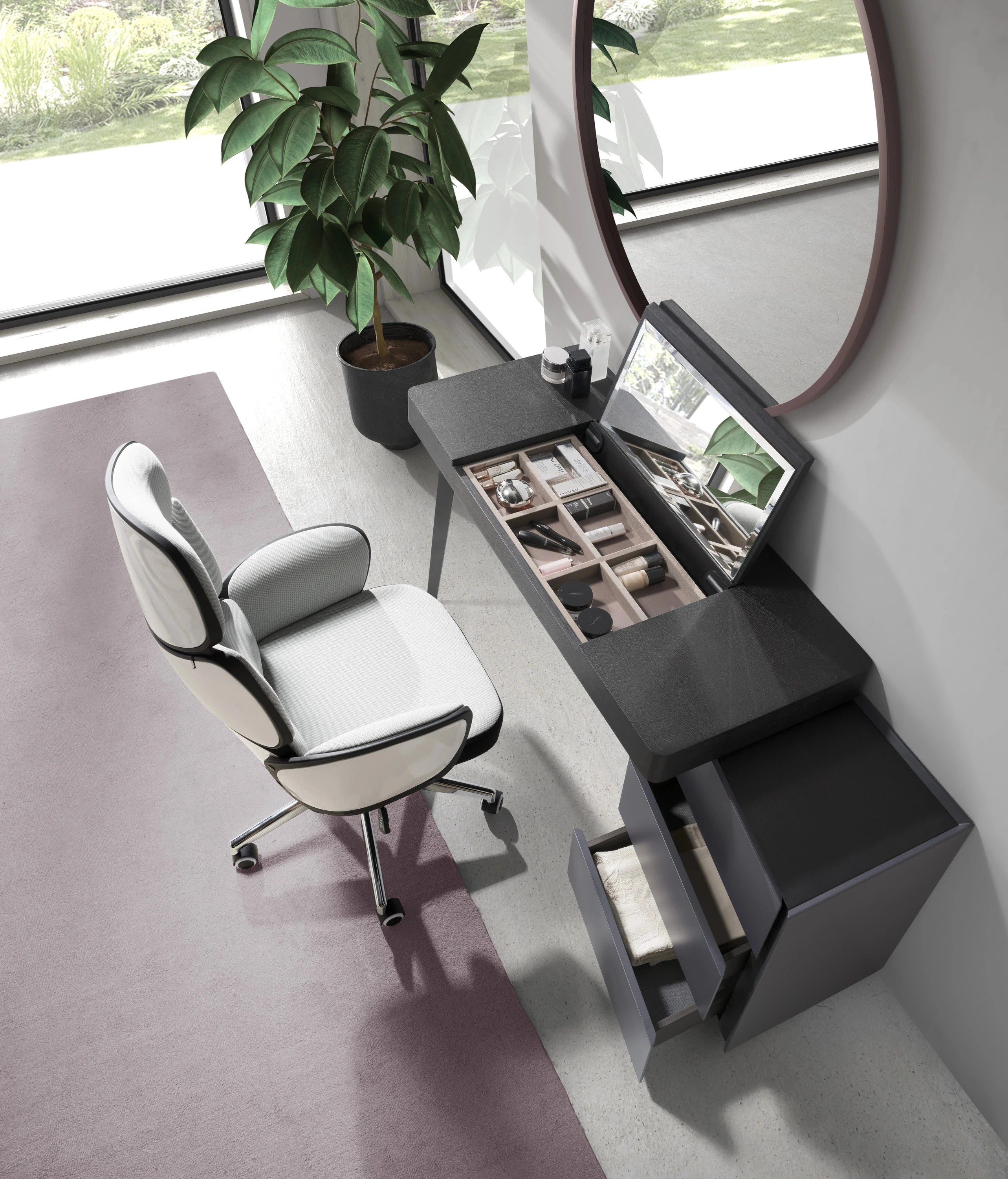 Fauteuil de bureau pivotant tissu gris clair et pvc blanc brillant
