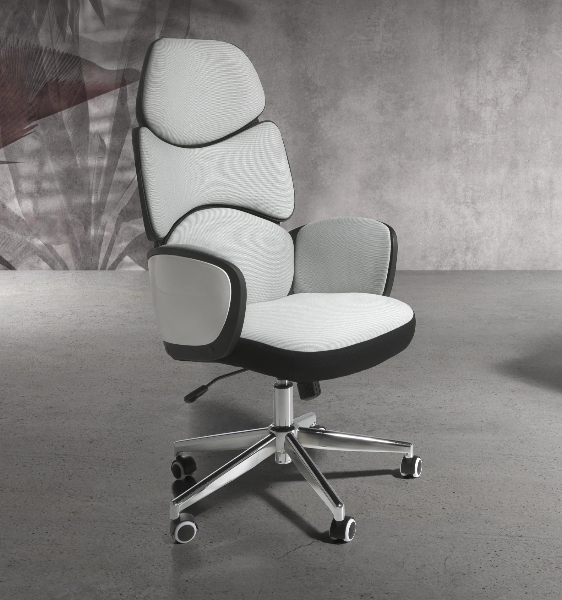 Fauteuil de bureau pivotant tissu gris clair et pvc blanc brillant