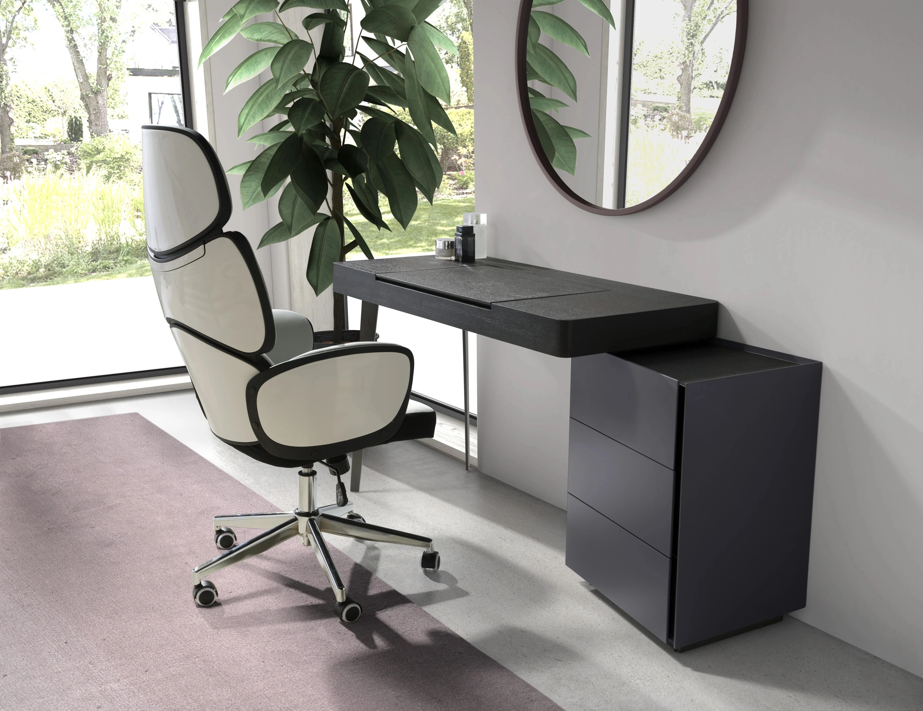Fauteuil de bureau pivotant tissu gris clair et pvc blanc brillant