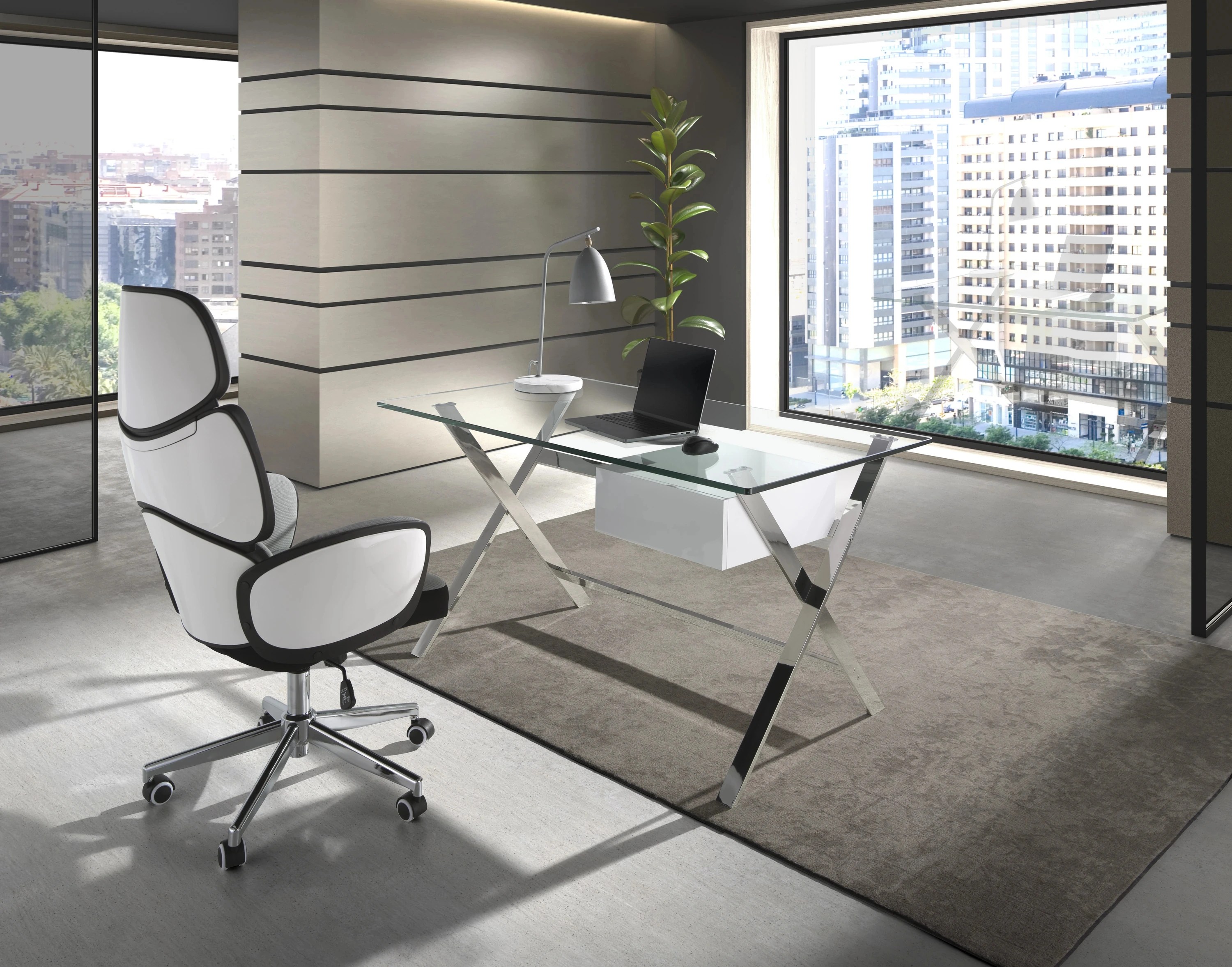 Fauteuil de bureau pivotant tissu gris clair et pvc blanc brillant