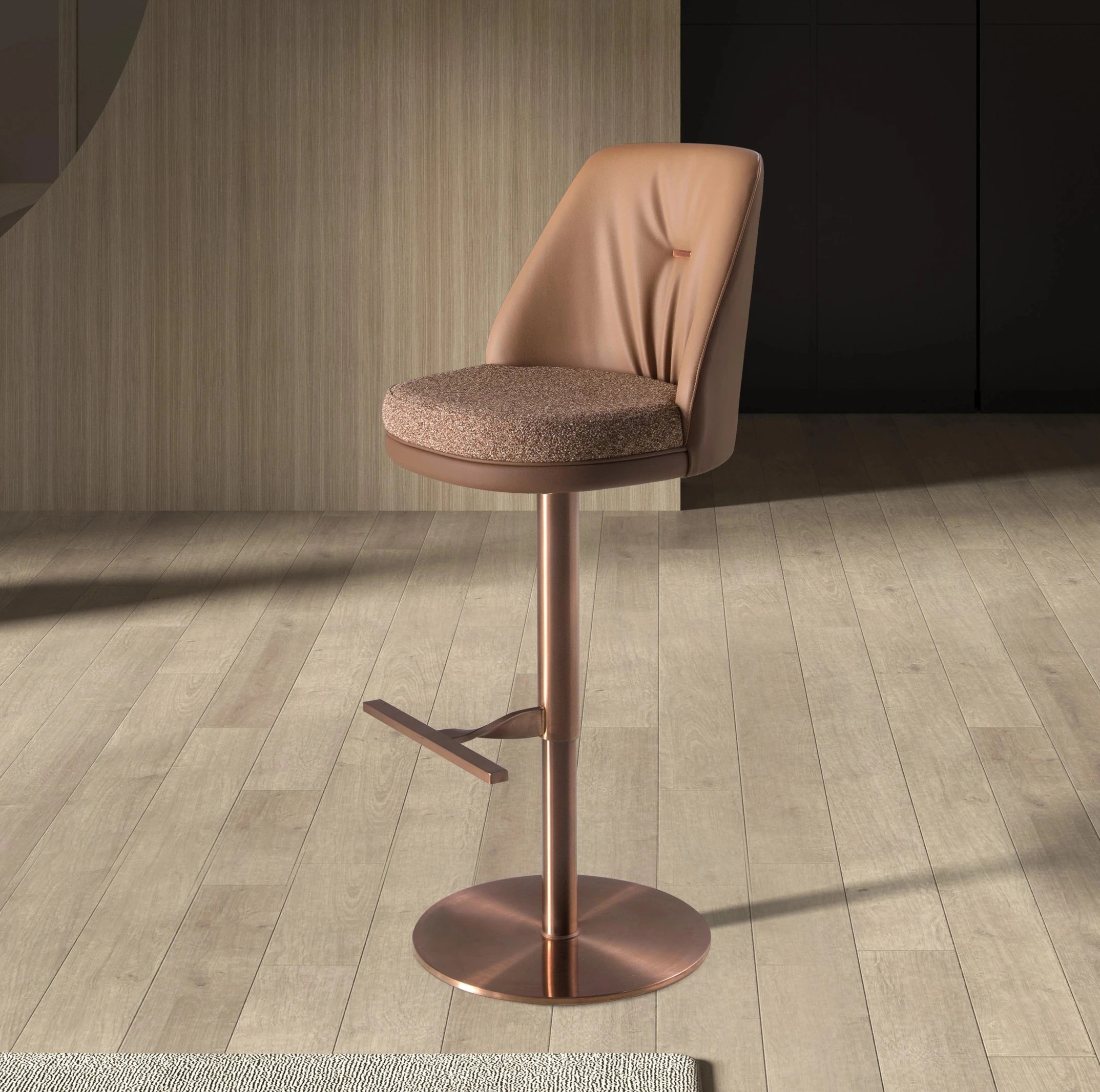 Tabouret pivotant en tissu marron marbré et similicuir marron