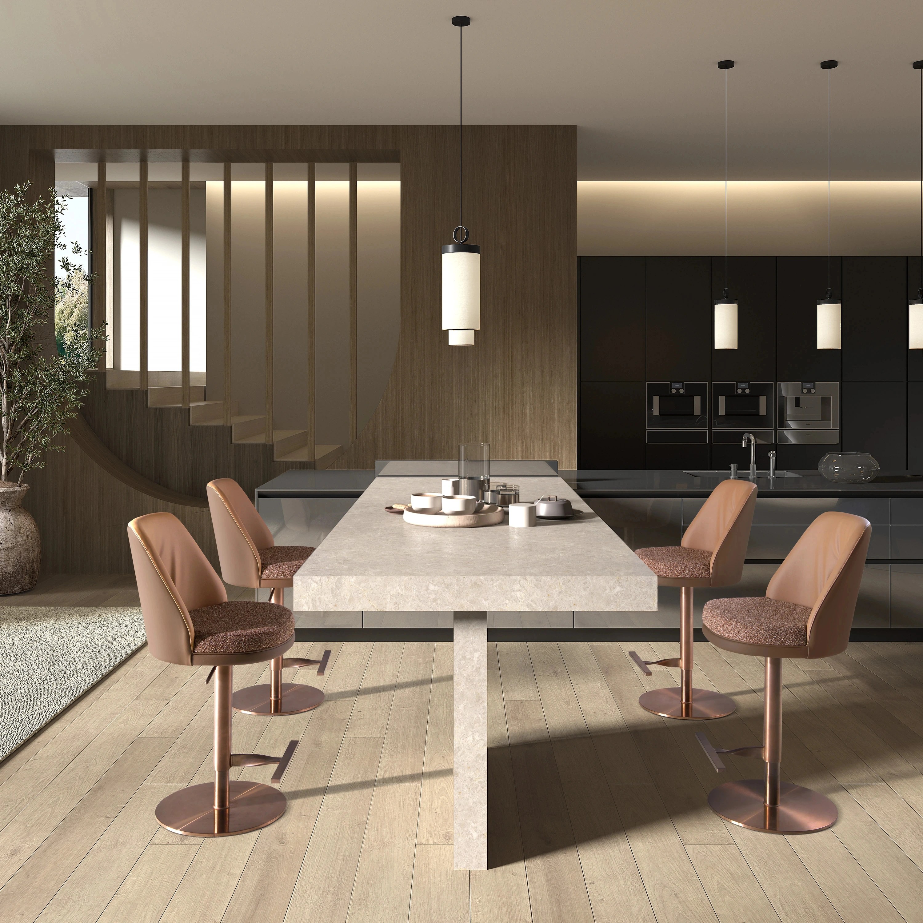 Tabouret pivotant en tissu marron marbré et similicuir marron