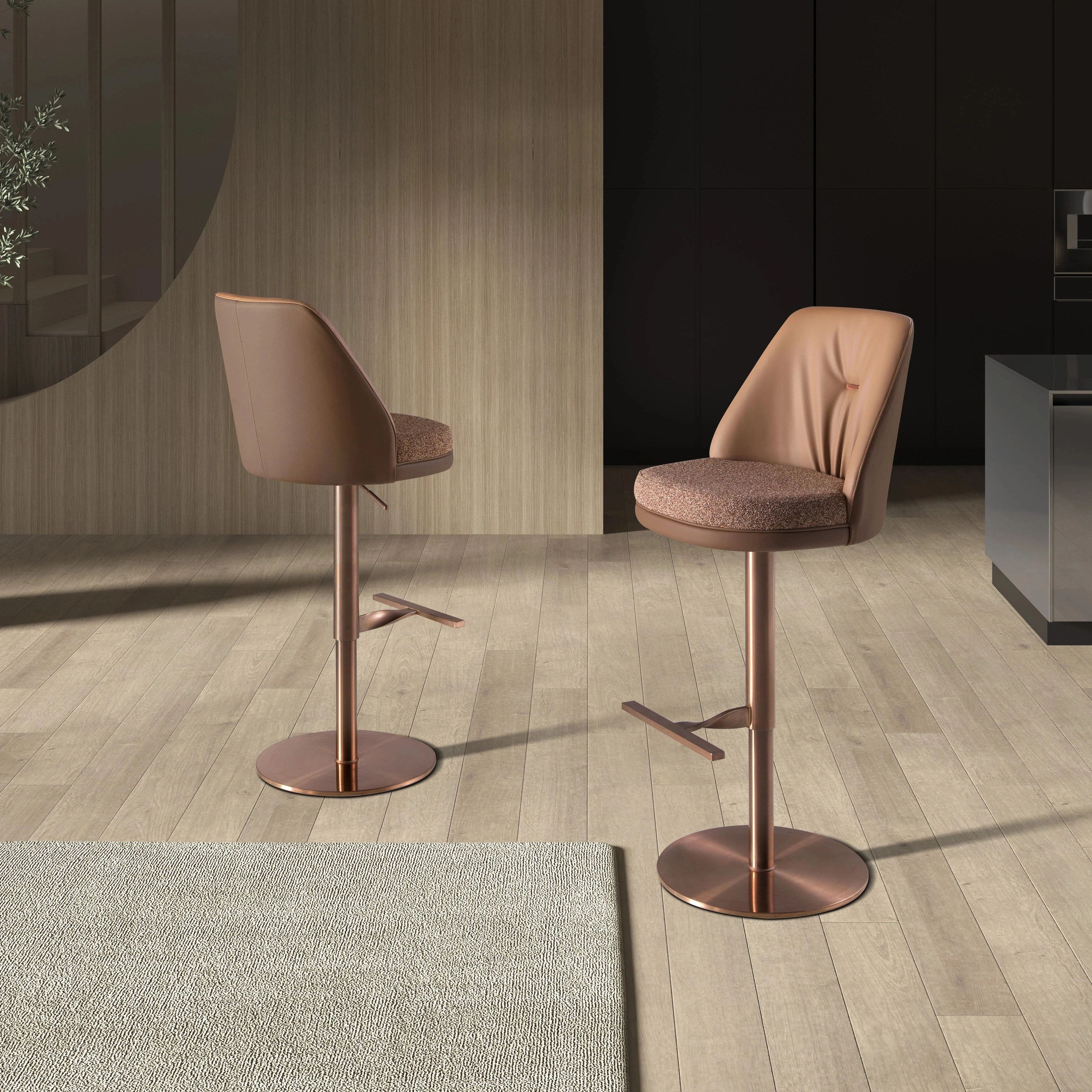 Tabouret pivotant en tissu marron marbré et similicuir marron