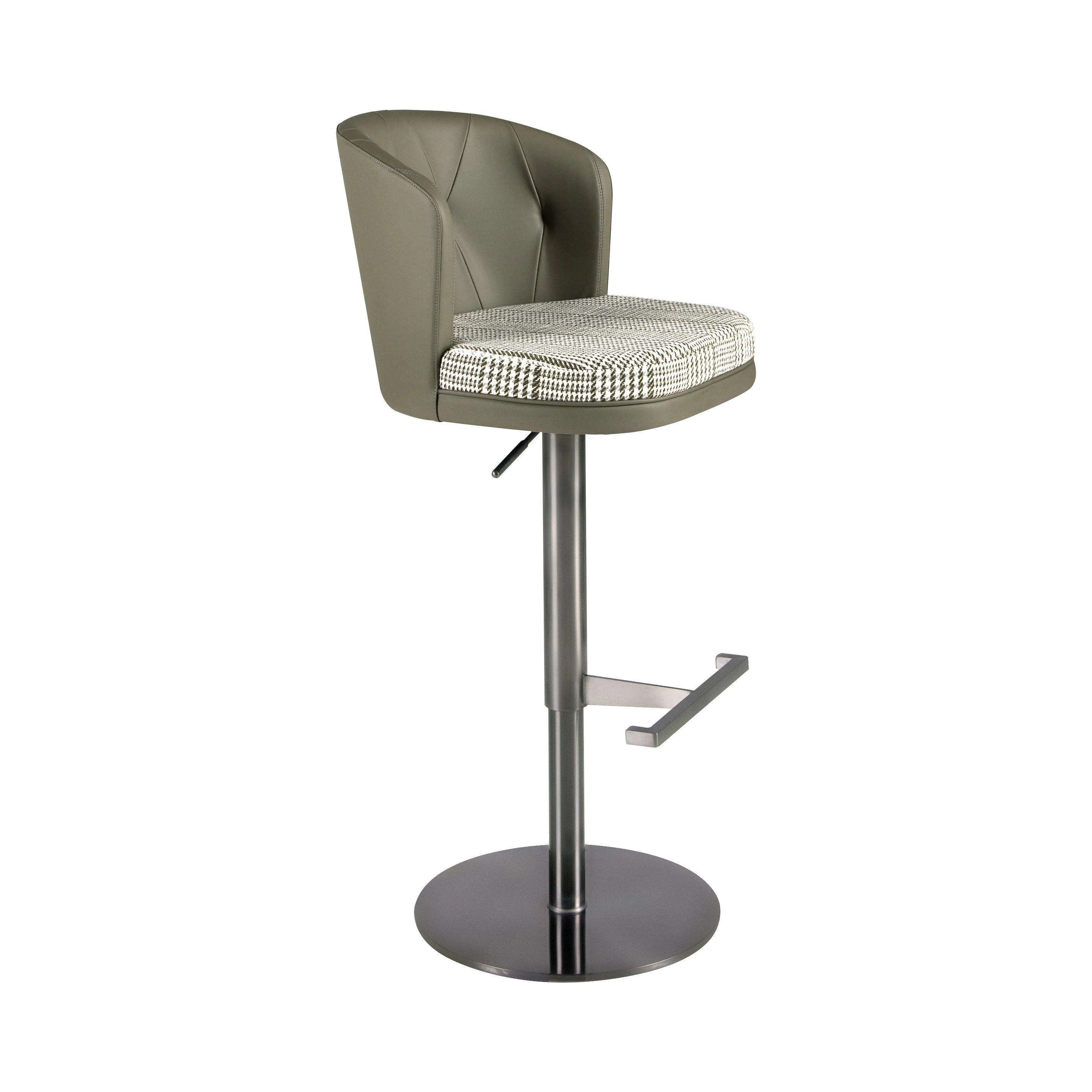 Tabouret pivotant en tissu vert foncé et blanc et similicuir vert olive