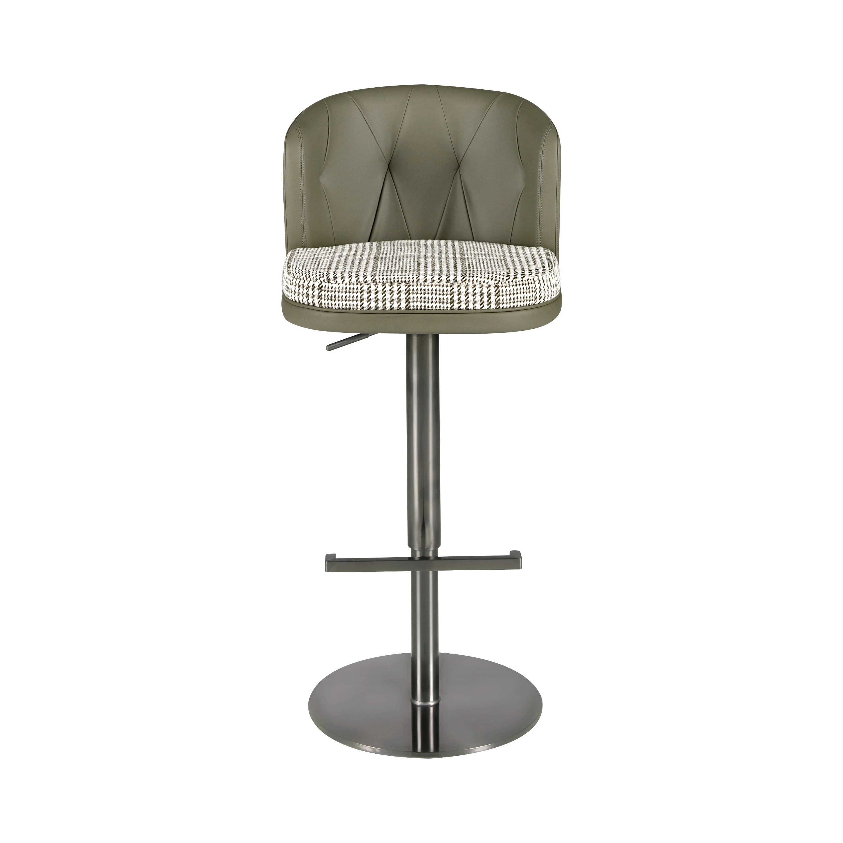 Tabouret pivotant en tissu vert foncé et blanc et similicuir vert olive