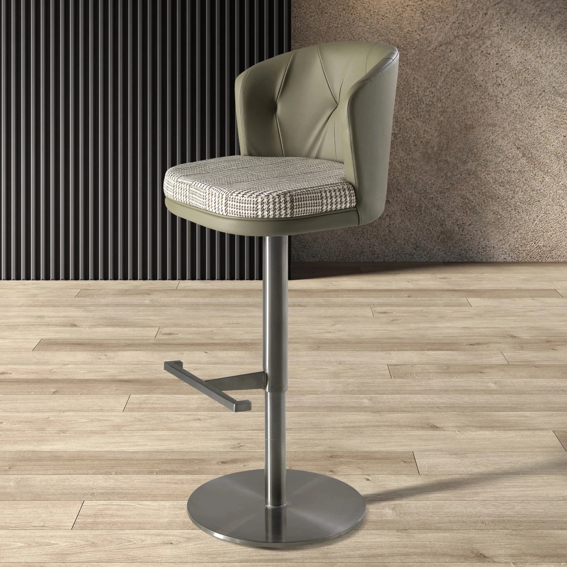 Tabouret pivotant en tissu vert foncé et blanc et similicuir vert olive