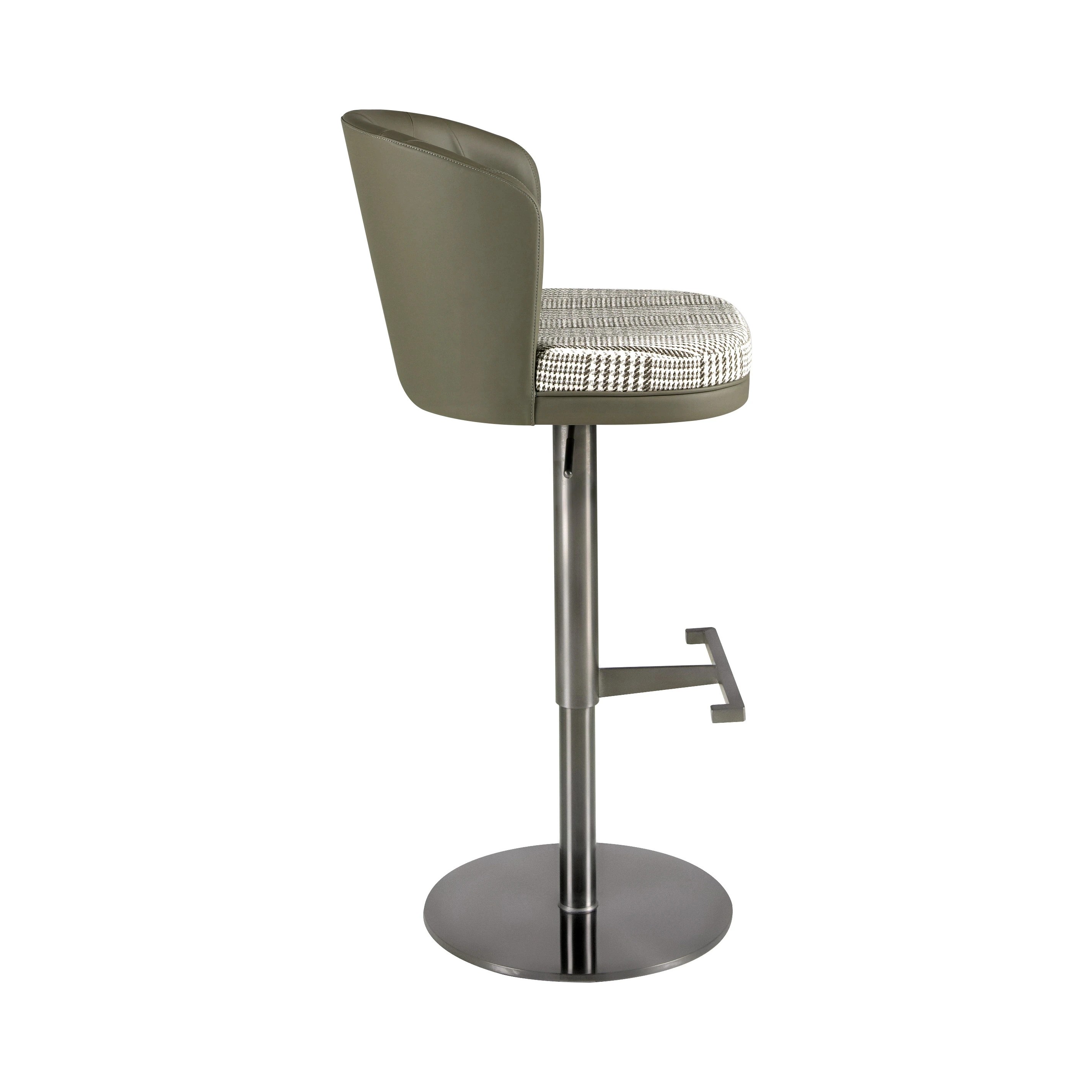 Tabouret pivotant en tissu vert foncé et blanc et similicuir vert olive