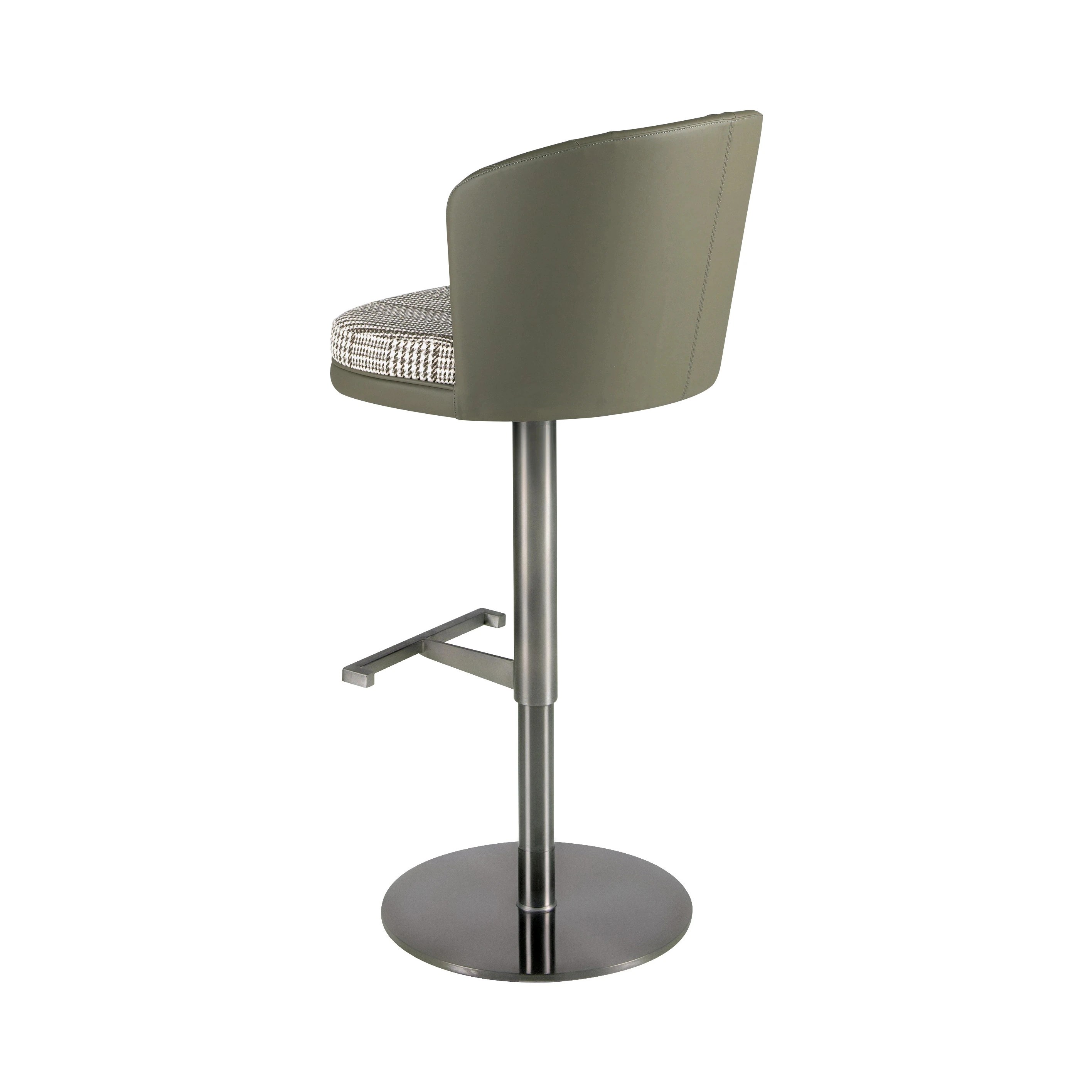 Tabouret pivotant en tissu vert foncé et blanc et similicuir vert olive