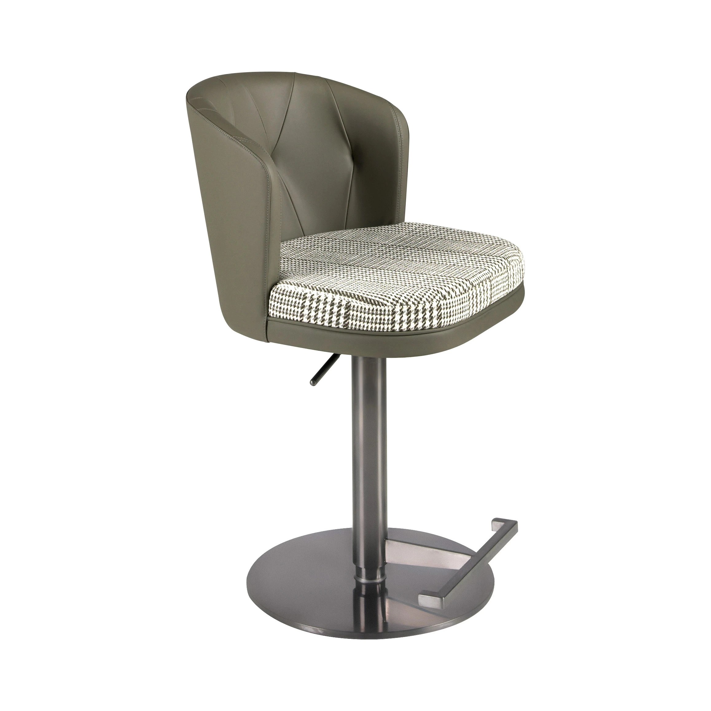 Tabouret pivotant en tissu vert foncé et blanc et similicuir vert olive
