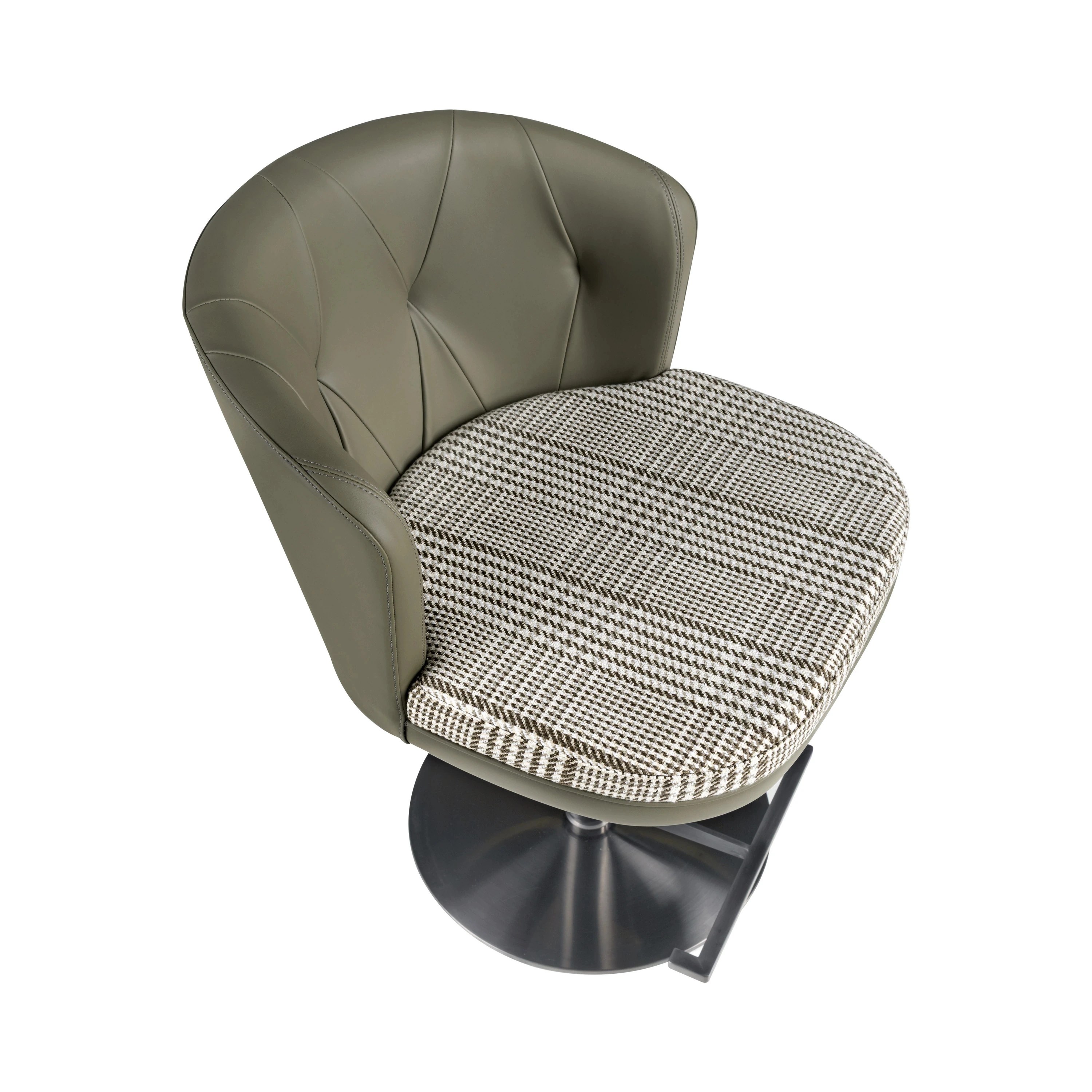 Tabouret pivotant en tissu vert foncé et blanc et similicuir vert olive