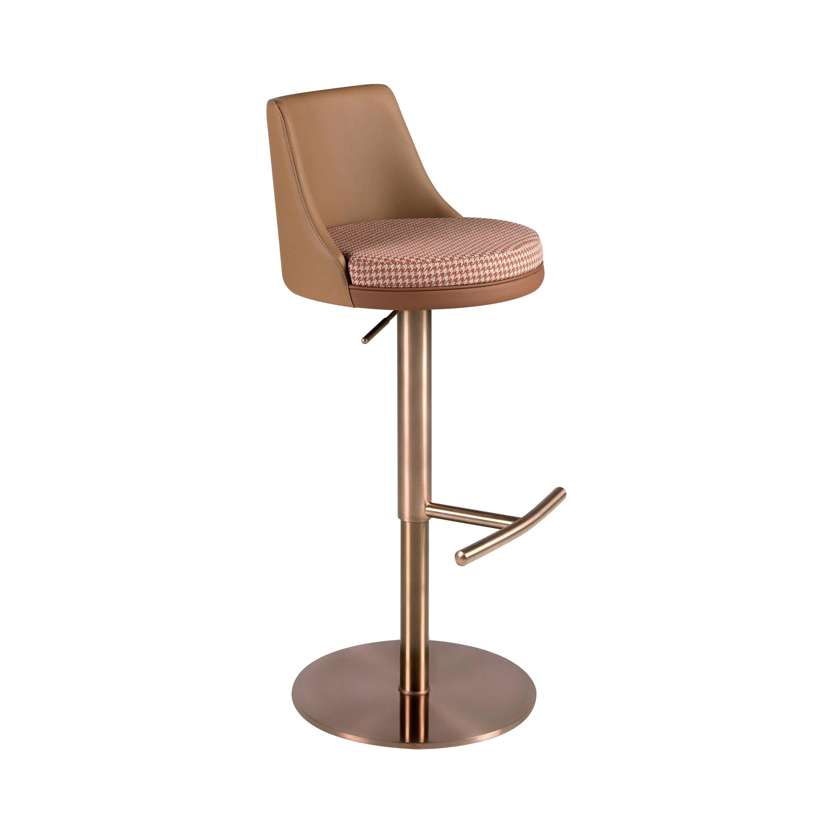 Tabouret pivotant en tissu marron terracotta et beige et similicuir marron