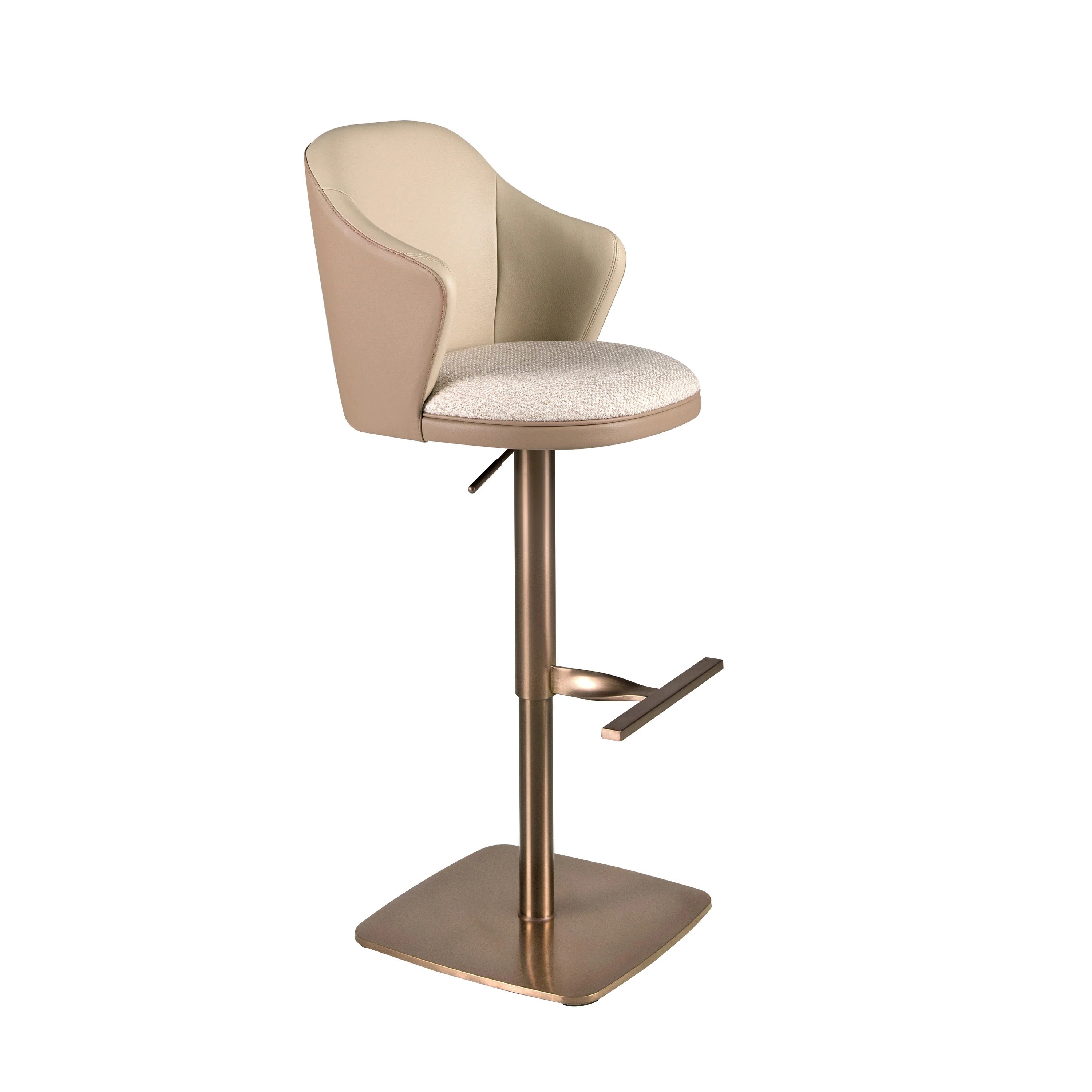 Tabouret pivotant en tissu crème marbré et similicuir marron