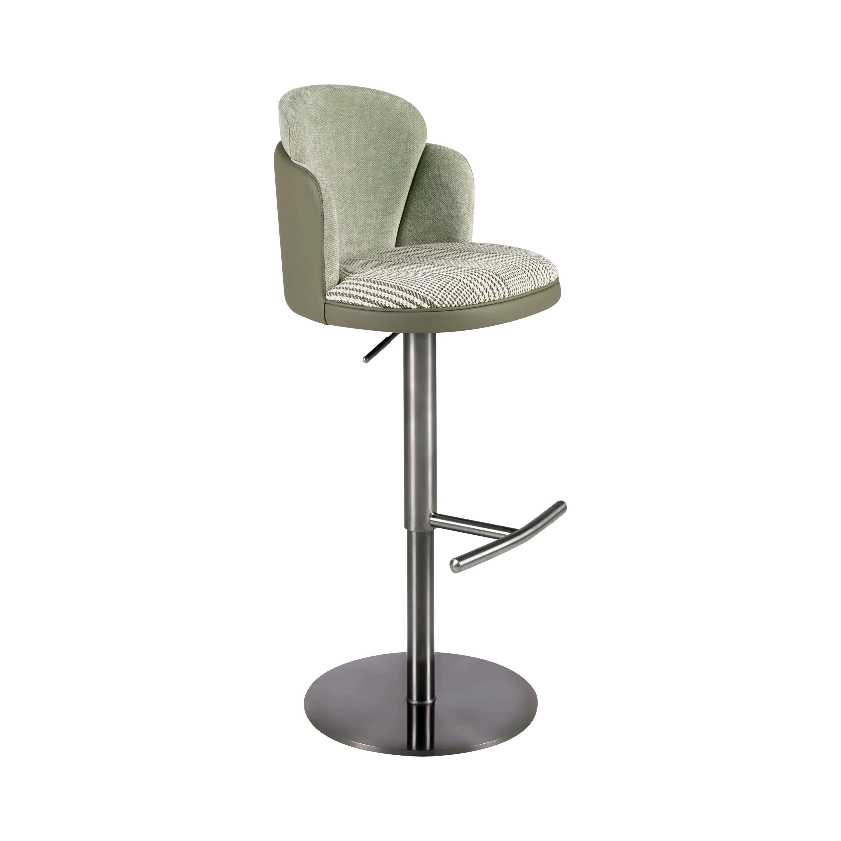 Tabouret pivotant en tissu vert foncé et blanc et similicuir vert olive