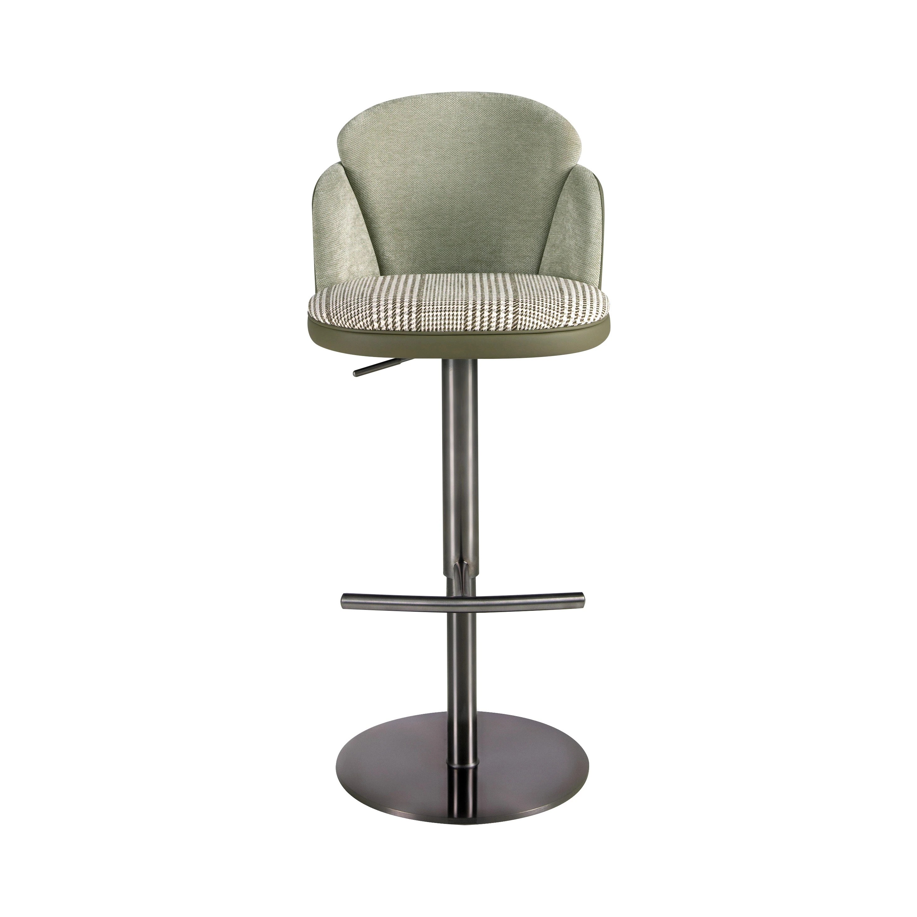 Tabouret pivotant en tissu vert foncé et blanc et similicuir vert olive