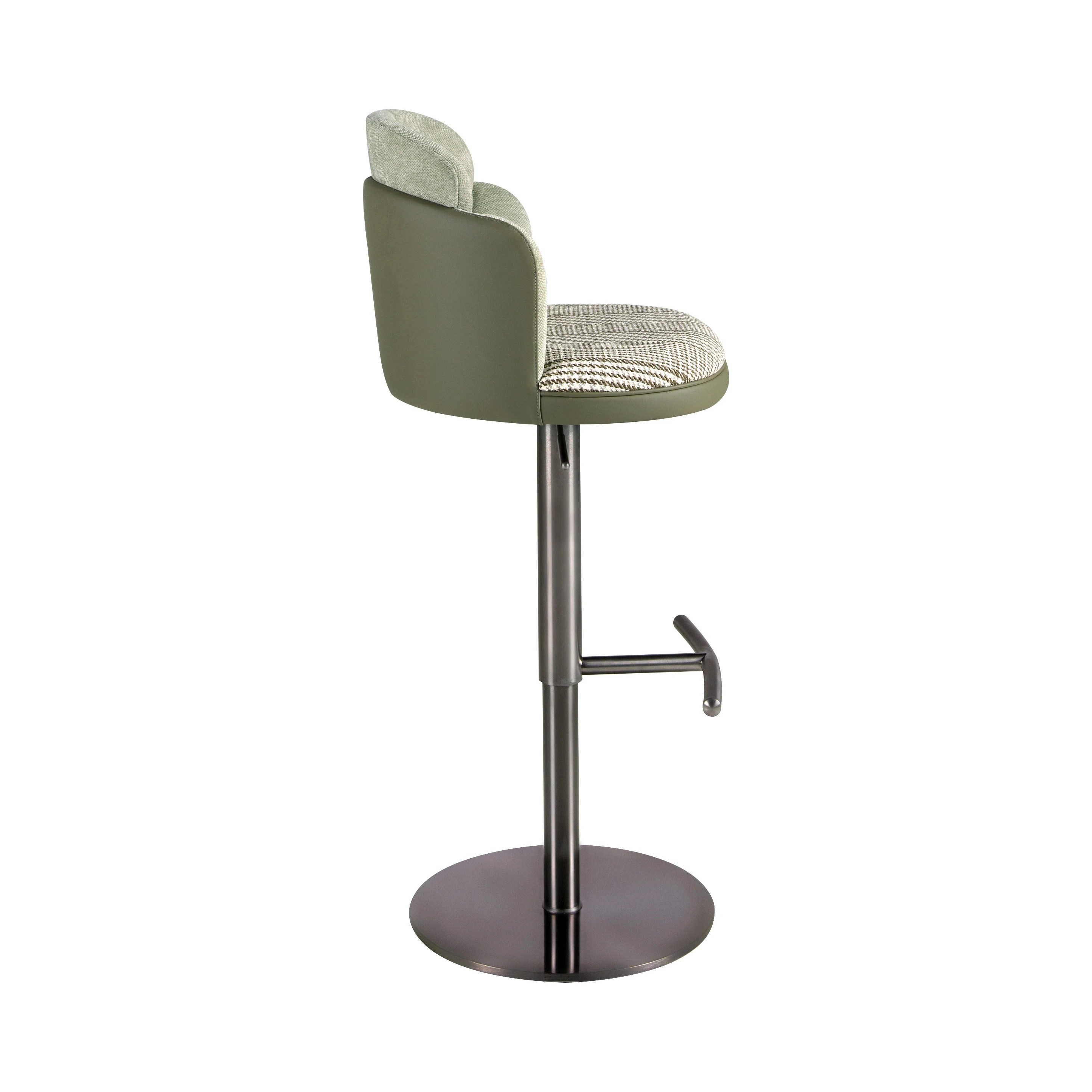 Tabouret pivotant en tissu vert foncé et blanc et similicuir vert olive