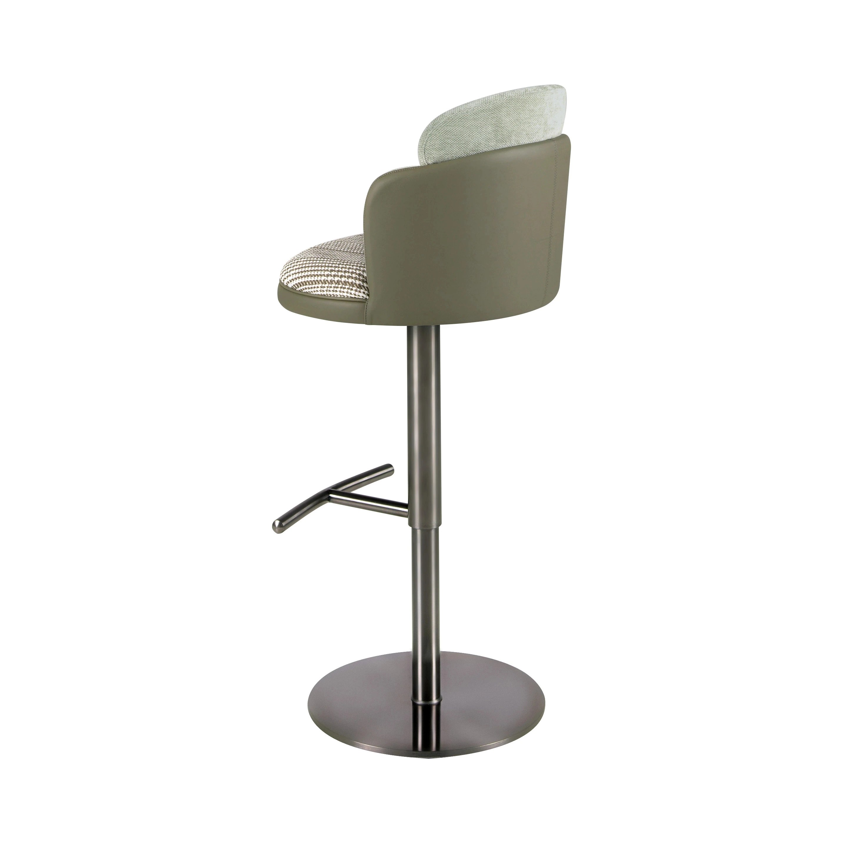 Tabouret pivotant en tissu vert foncé et blanc et similicuir vert olive