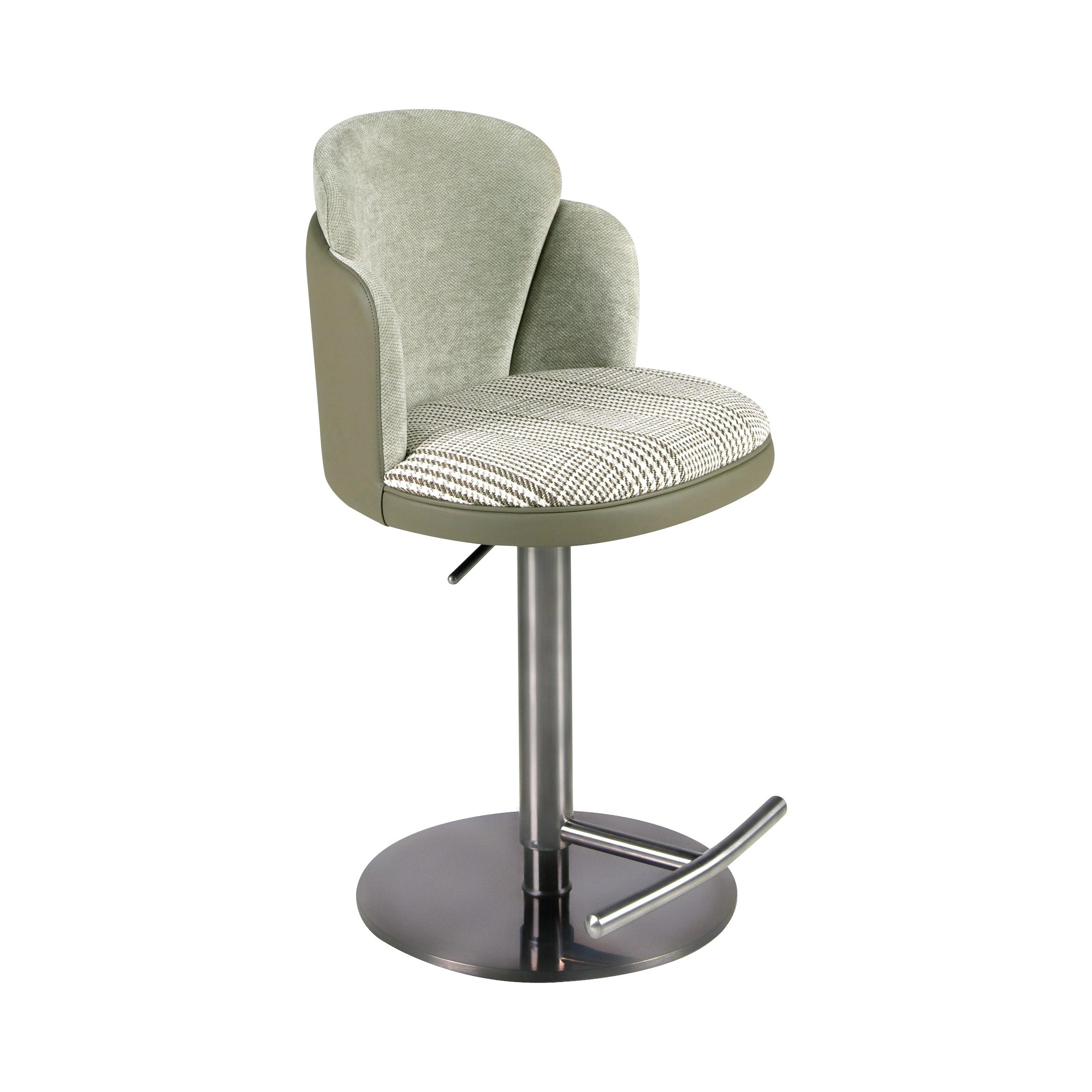 Tabouret pivotant en tissu vert foncé et blanc et similicuir vert olive