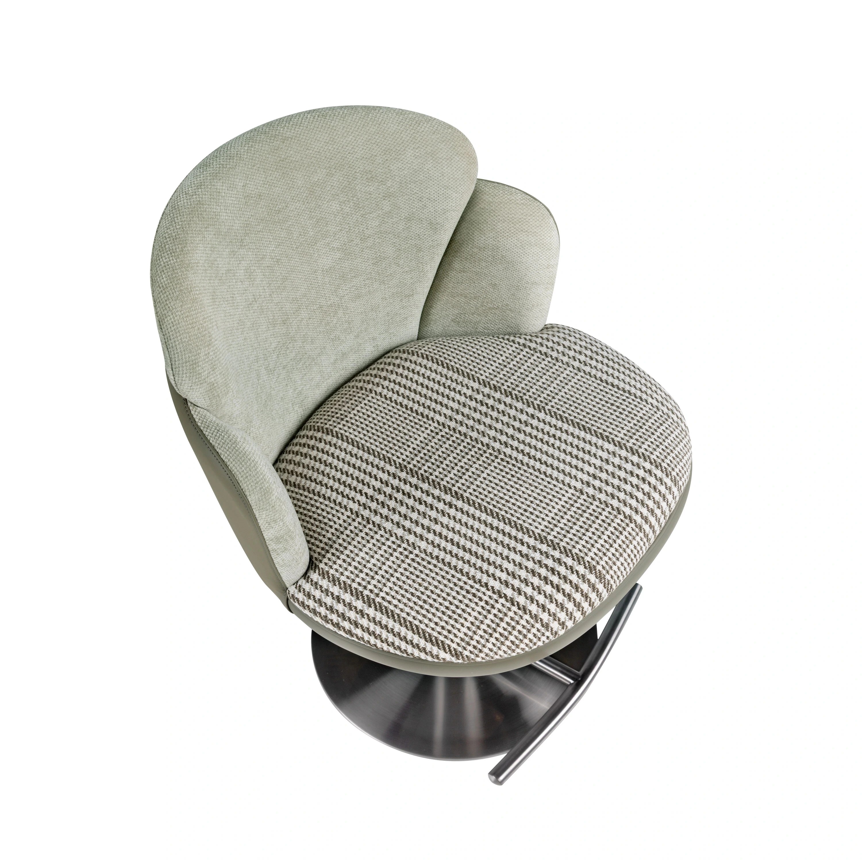 Tabouret pivotant en tissu vert foncé et blanc et similicuir vert olive