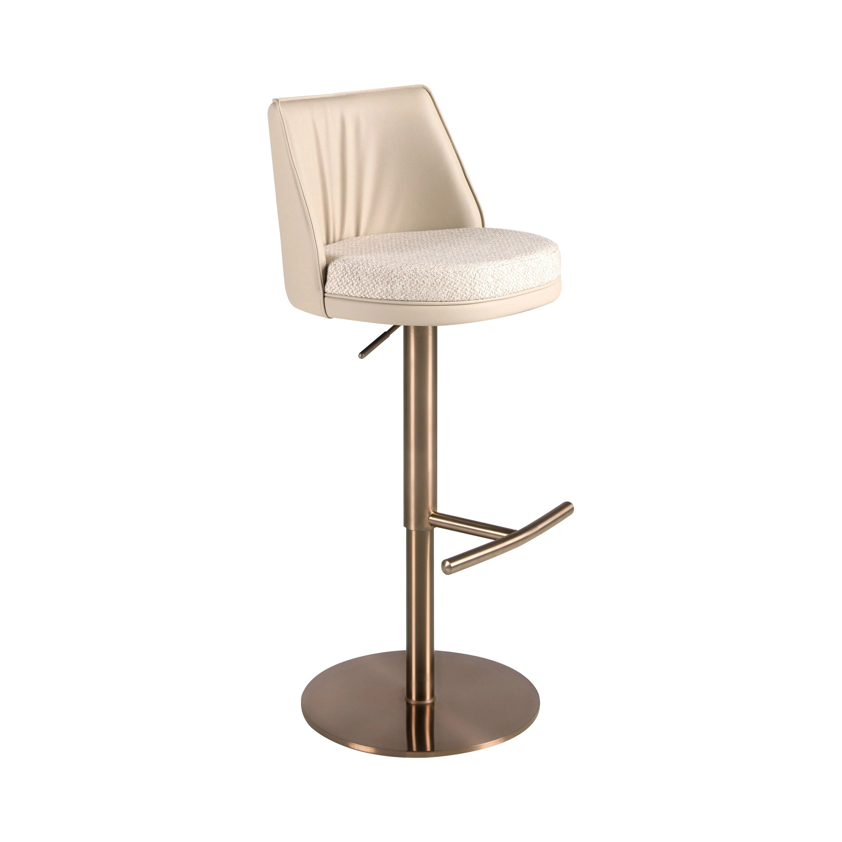 Tabouret pivotant en tissu crème marbré et similicuir crème