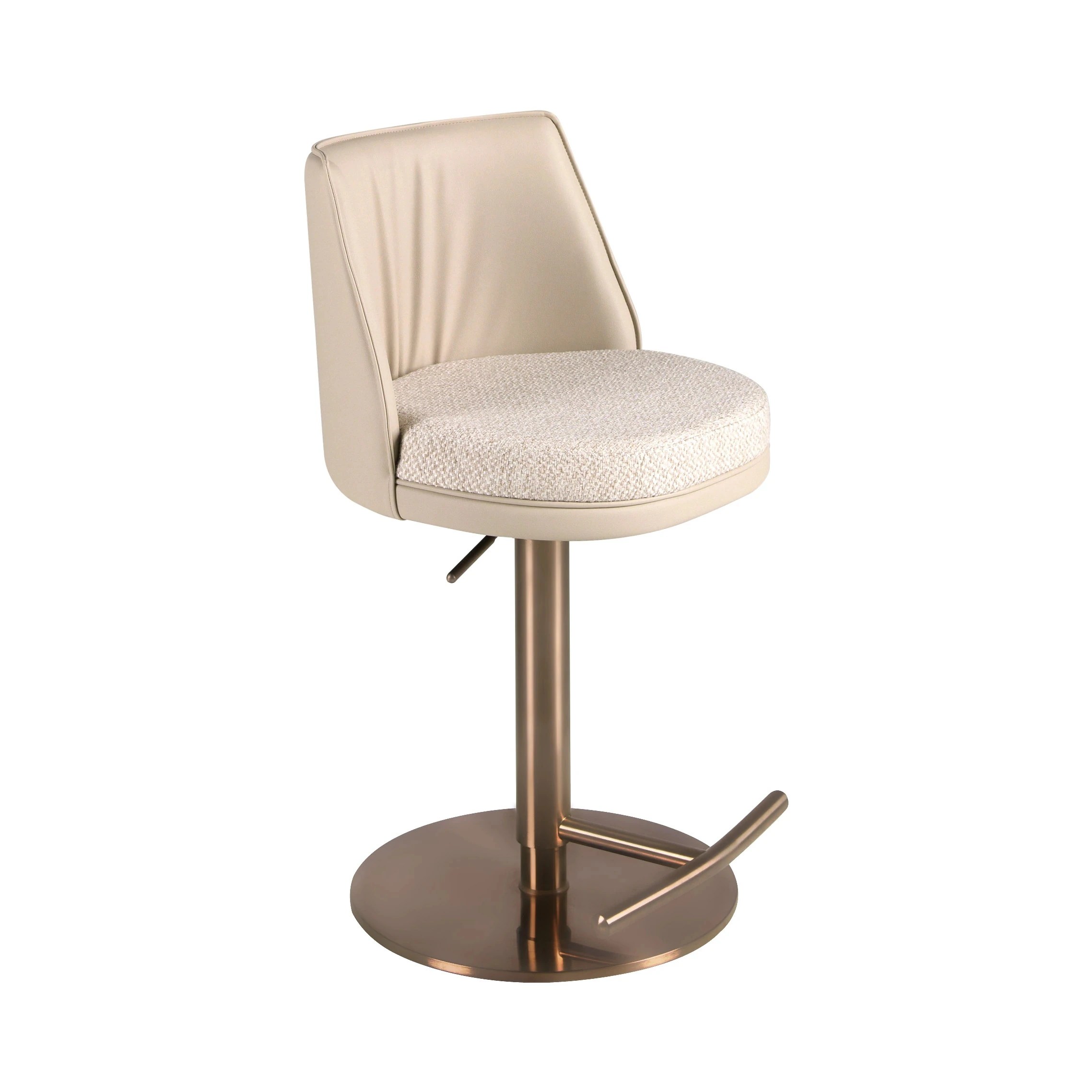 Tabouret pivotant en tissu crème marbré et similicuir crème