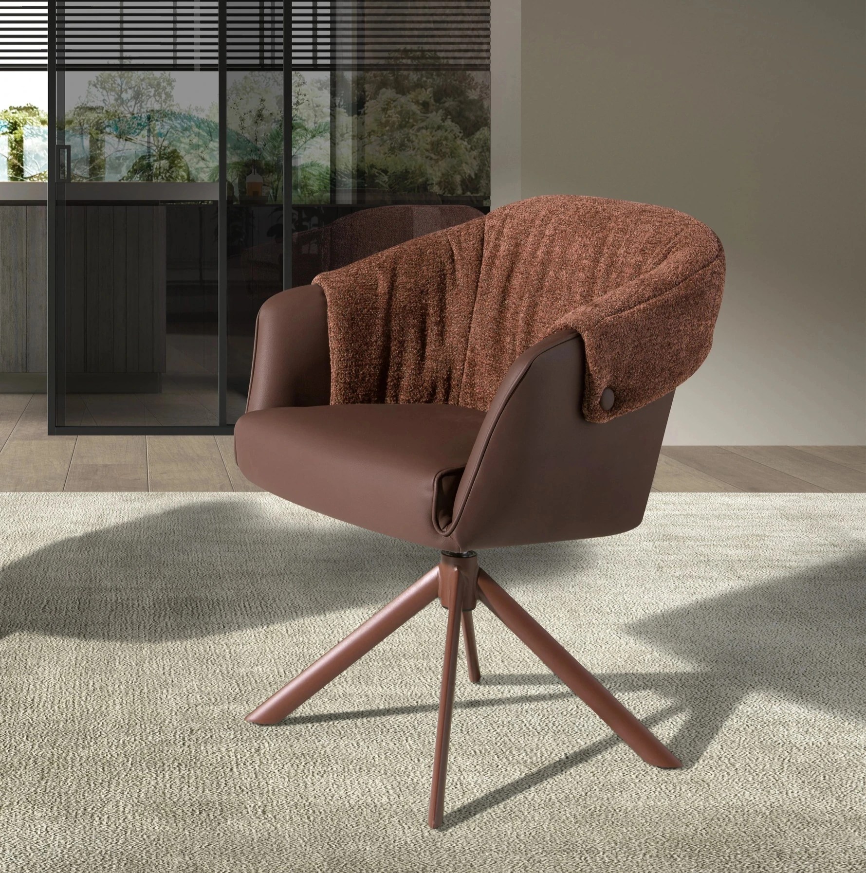 Chaise pivotante en similicuir marron cuivré et tissu marron chiné